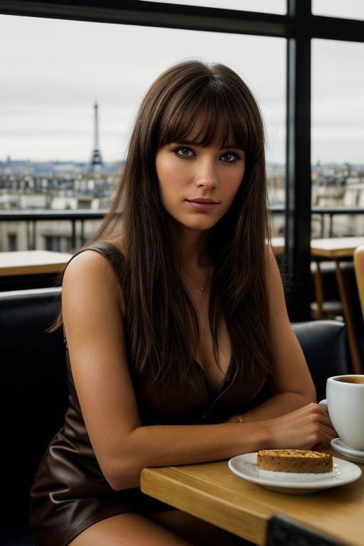 aiAllure companion Arianne in a brown dress at a Paris rooftop cafe, the Eiffel Tower in view