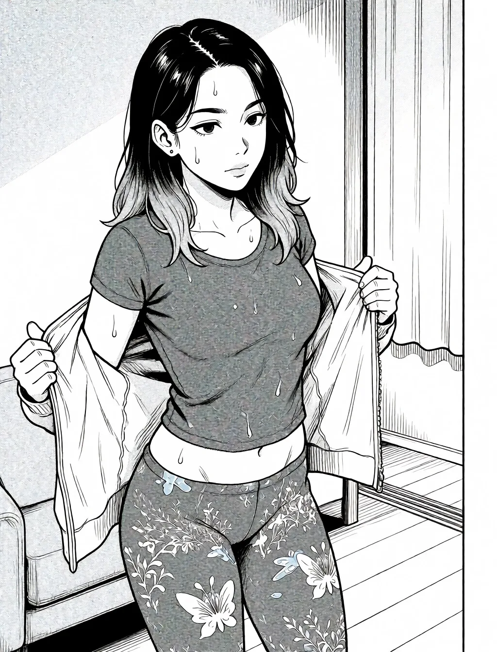 Redraw the entire picture as a black and white manga page: crisp black ink line art, no colour anywhere, flat halftone screentone shading, hatched shadows and clean white highlights, in the look of a printed manga panel. The background is drawn in the same style. Nothing in the frame keeps its photographic appearance. Above all, the picture must show: undressing.
