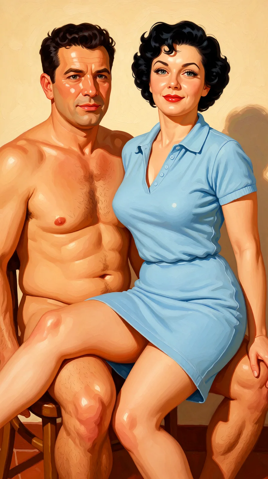 Redraw the entire picture as a retro pin-up illustration: smooth airbrushed gouache paint, warm saturated mid-century colour, clean confident outlines and glamorous stylised features, in the look of a 1950s pin-up poster. The background is painted in the same style. Nothing in the frame keeps its photographic appearance. Above all, the picture must show: A man is sitting, and a woman is sitting with her legs spread, with her right leg resting over the man's leg.