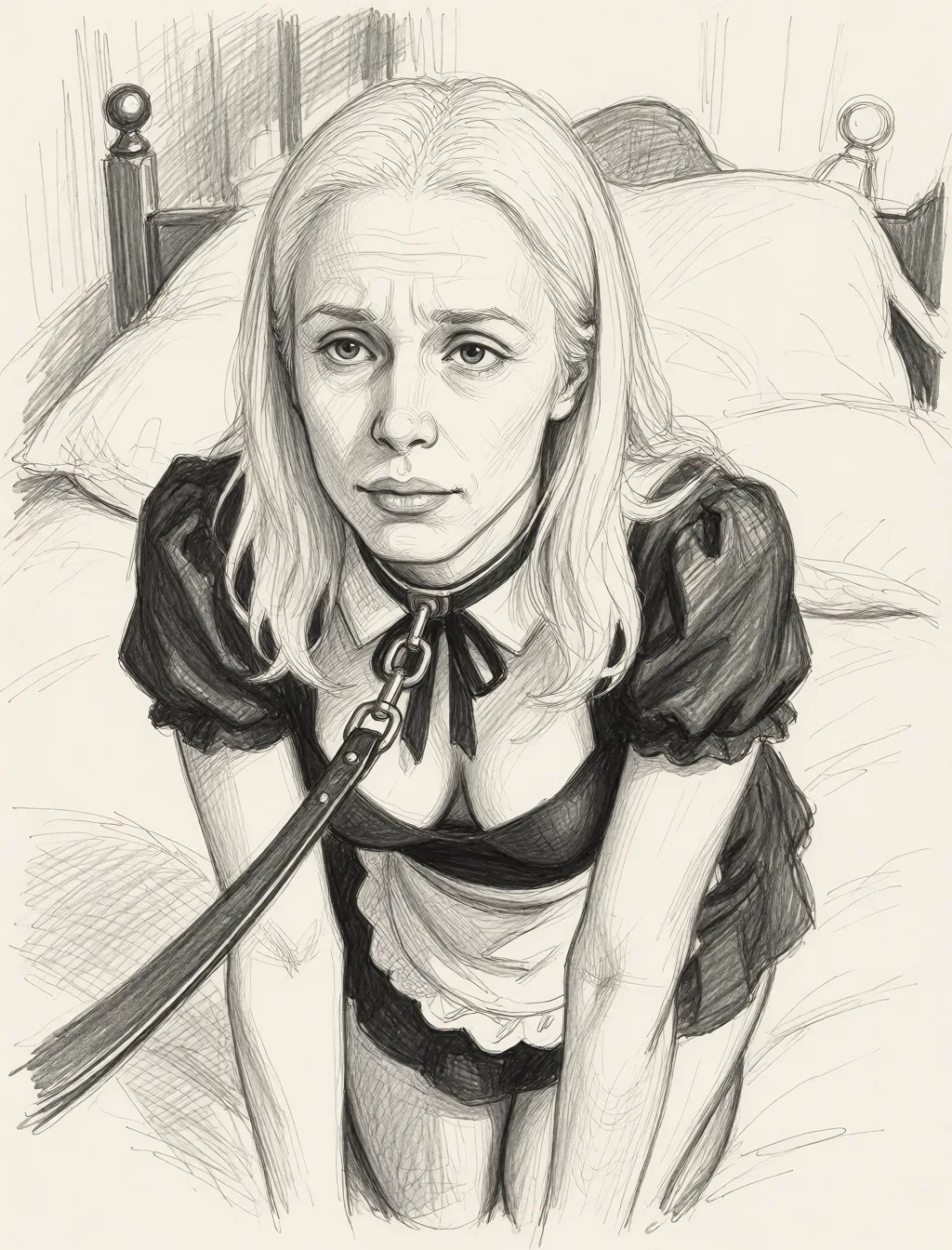 Redraw the entire picture as a hand-drawn graphite sketch on off-white paper: visible pencil strokes, cross-hatched shading, loose construction lines and no colour beyond the grey of the pencil and the tone of the paper. The background is drawn in the same style. Nothing in the frame keeps its photographic appearance. Above all, the picture must show: humiliated sissy maid with leash bowing before her powerful master.
