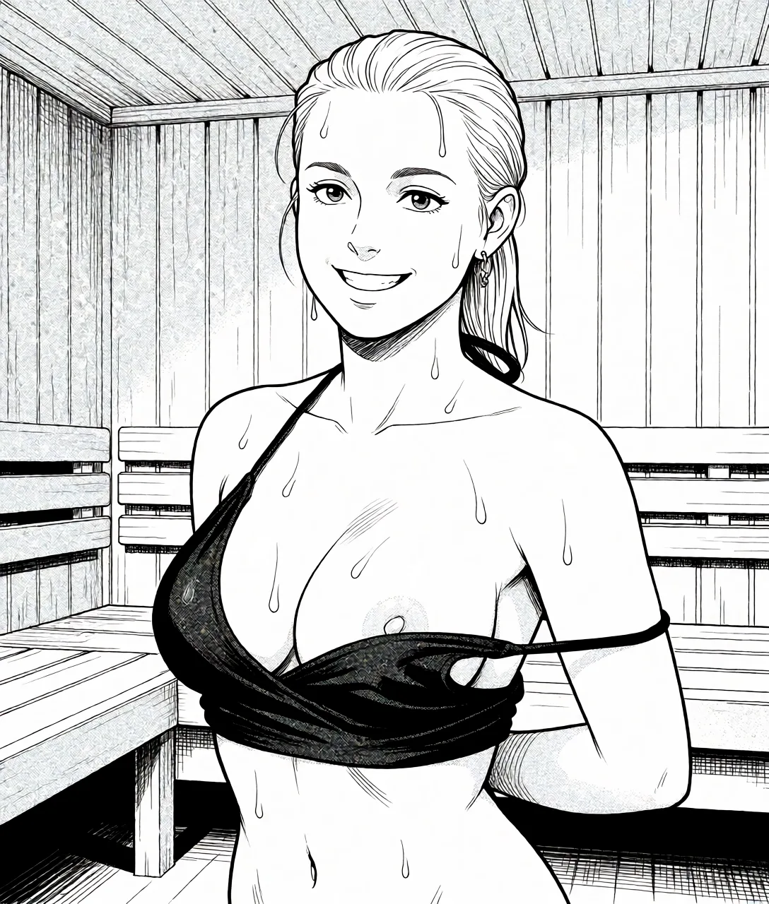 Redraw the entire picture as a black and white manga page: crisp black ink line art, no colour anywhere, flat halftone screentone shading, hatched shadows and clean white highlights, in the look of a printed manga panel. The background is drawn in the same style. Nothing in the frame keeps its photographic appearance. Above all, the picture must show: take off top.