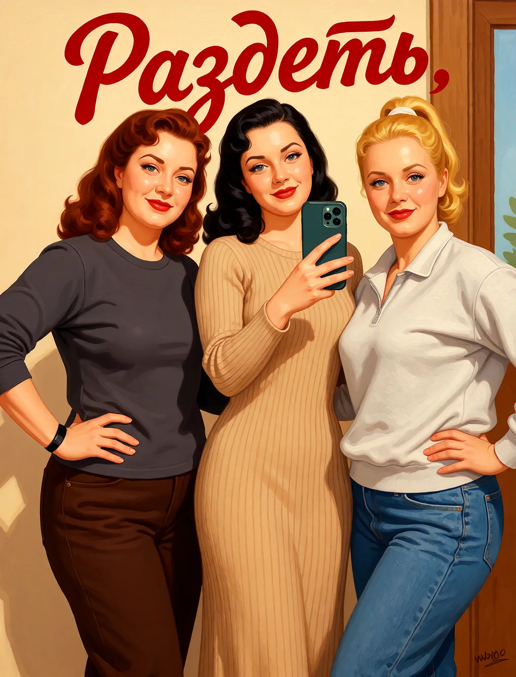 Redraw the entire picture as a retro pin-up illustration: smooth airbrushed gouache paint, warm saturated mid-century colour, clean confident outlines and glamorous stylised features, in the look of a 1950s pin-up poster. The background is painted in the same style. Nothing in the frame keeps its photographic appearance. Above all, the picture must show: Раздеть.