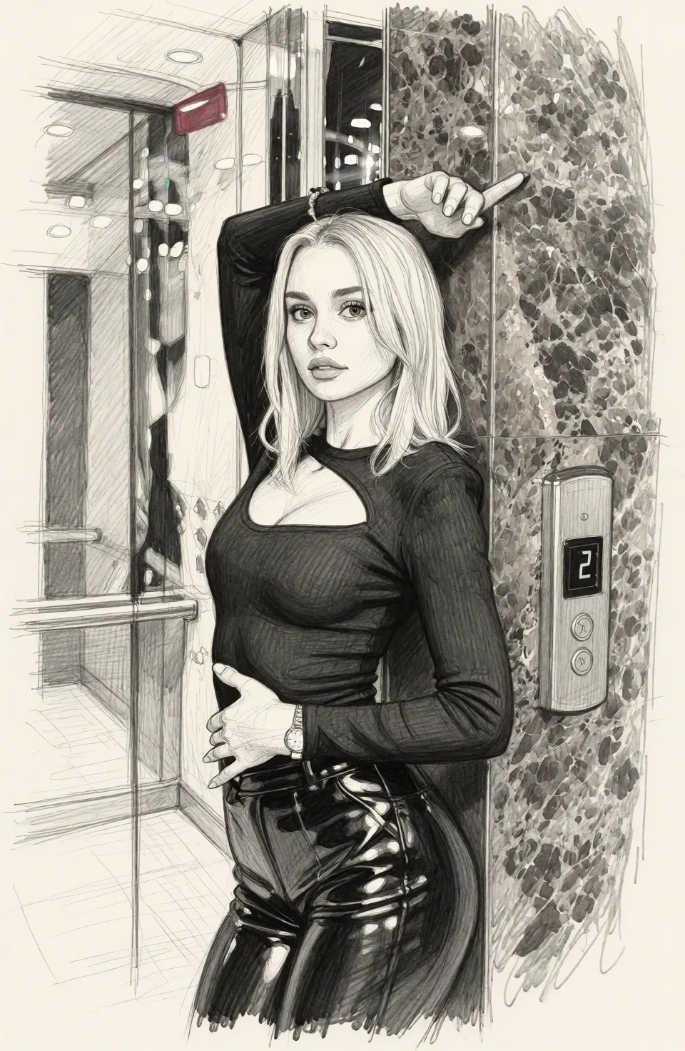 Redraw the entire picture as a hand-drawn graphite sketch on off-white paper: visible pencil strokes, cross-hatched shading, loose construction lines and no colour beyond the grey of the pencil and the tone of the paper. The background is drawn in the same style. Nothing in the frame keeps its photographic appearance. Above all, the picture must show: Nude.