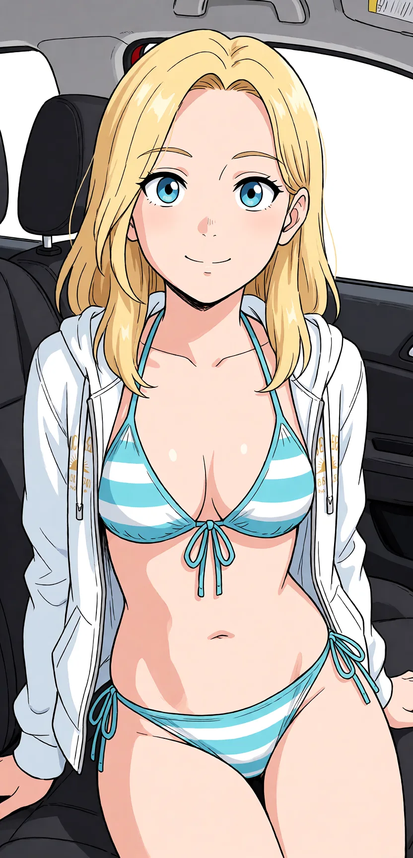 Redraw the entire picture as a hand-drawn anime illustration in flat cel-shaded anime style. It stays the same person with the same face, the same expression, the same hair and the same skin tone, and every other detail of the photograph is kept exactly as it is: nothing is added, removed, moved, uncovered or recoloured. Only the medium changes, and no part of the picture is left photographic. Above all, the picture must show: Put her in a bikini and extend the frame but keep her face exactly the same and don't touch it.