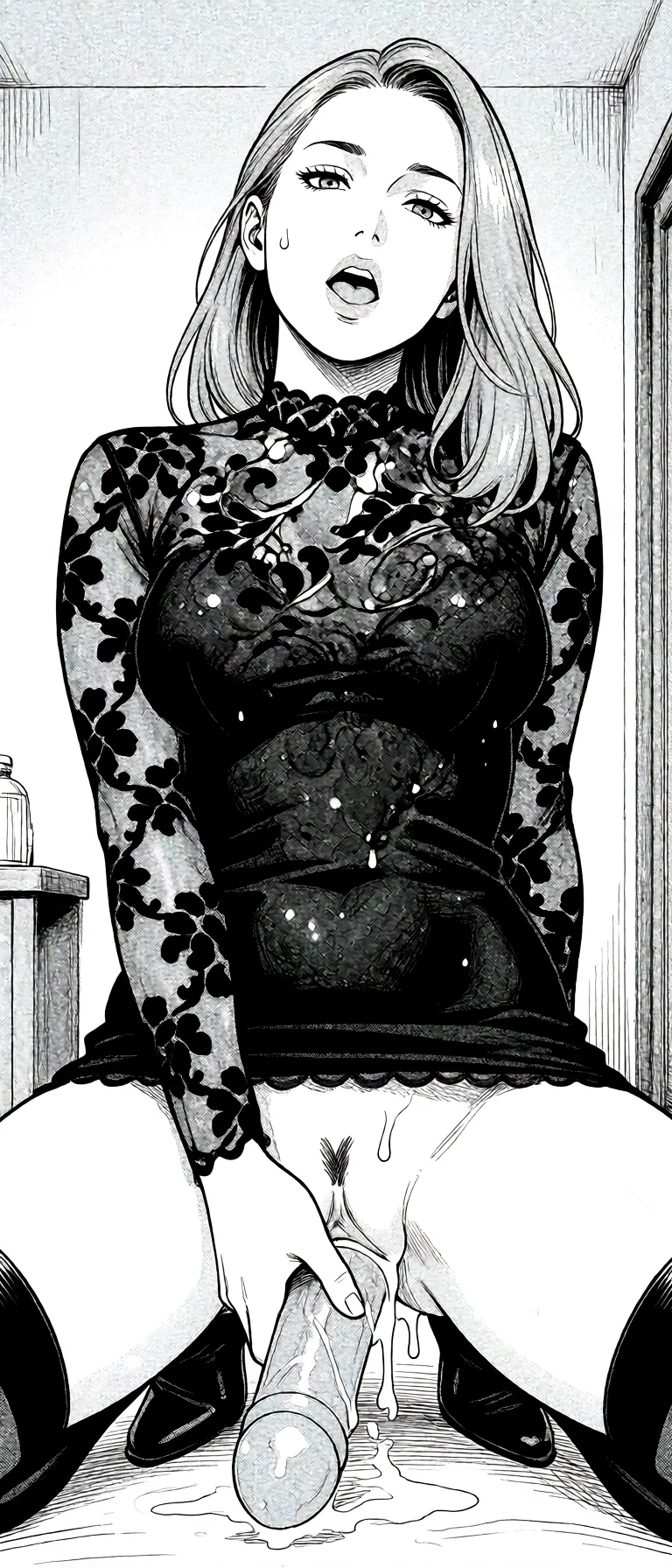 Redraw the entire picture as a black and white manga page: crisp black ink line art, no colour anywhere, flat halftone screentone shading, hatched shadows and clean white highlights, in the look of a printed manga panel. The background is drawn in the same style. Nothing in the frame keeps its photographic appearance. Above all, the picture must show: She fucks herself with a dildo.