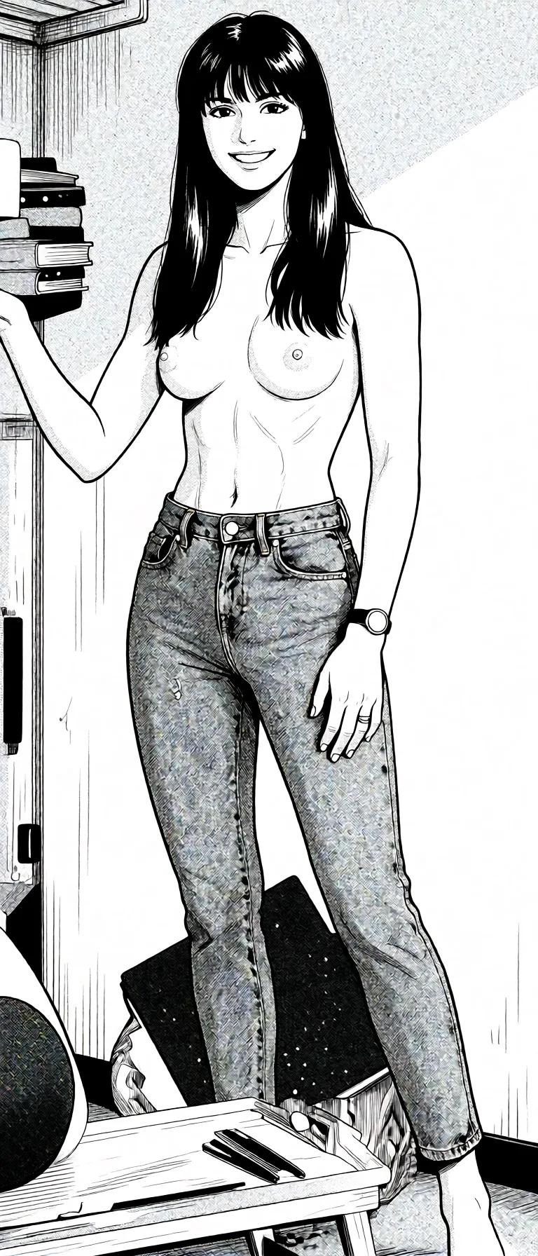 Redraw the entire picture as a black and white manga page: crisp black ink line art, no colour anywhere, flat halftone screentone shading, hatched shadows and clean white highlights, in the look of a printed manga panel. The background is drawn in the same style. Nothing in the frame keeps its photographic appearance. Above all, the picture must show: Nude,naked,no clothing,toned,tight abs.