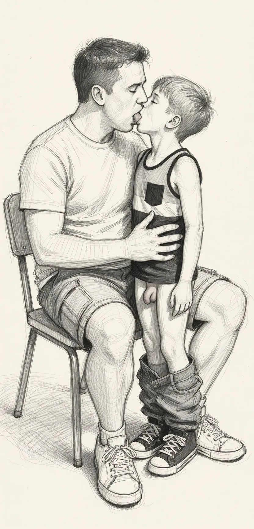 Redraw the entire picture as a hand-drawn graphite sketch on off-white paper: visible pencil strokes, cross-hatched shading, loose construction lines and no colour beyond the grey of the pencil and the tone of the paper. The background is drawn in the same style. Nothing in the frame keeps its photographic appearance. Above all, the picture must show: Tall guy is sitting on a chair, short guy's pants are pushed down, short guy has a tiny penis, short guy is sitting on tall guy's lap, they are tongue kissing.