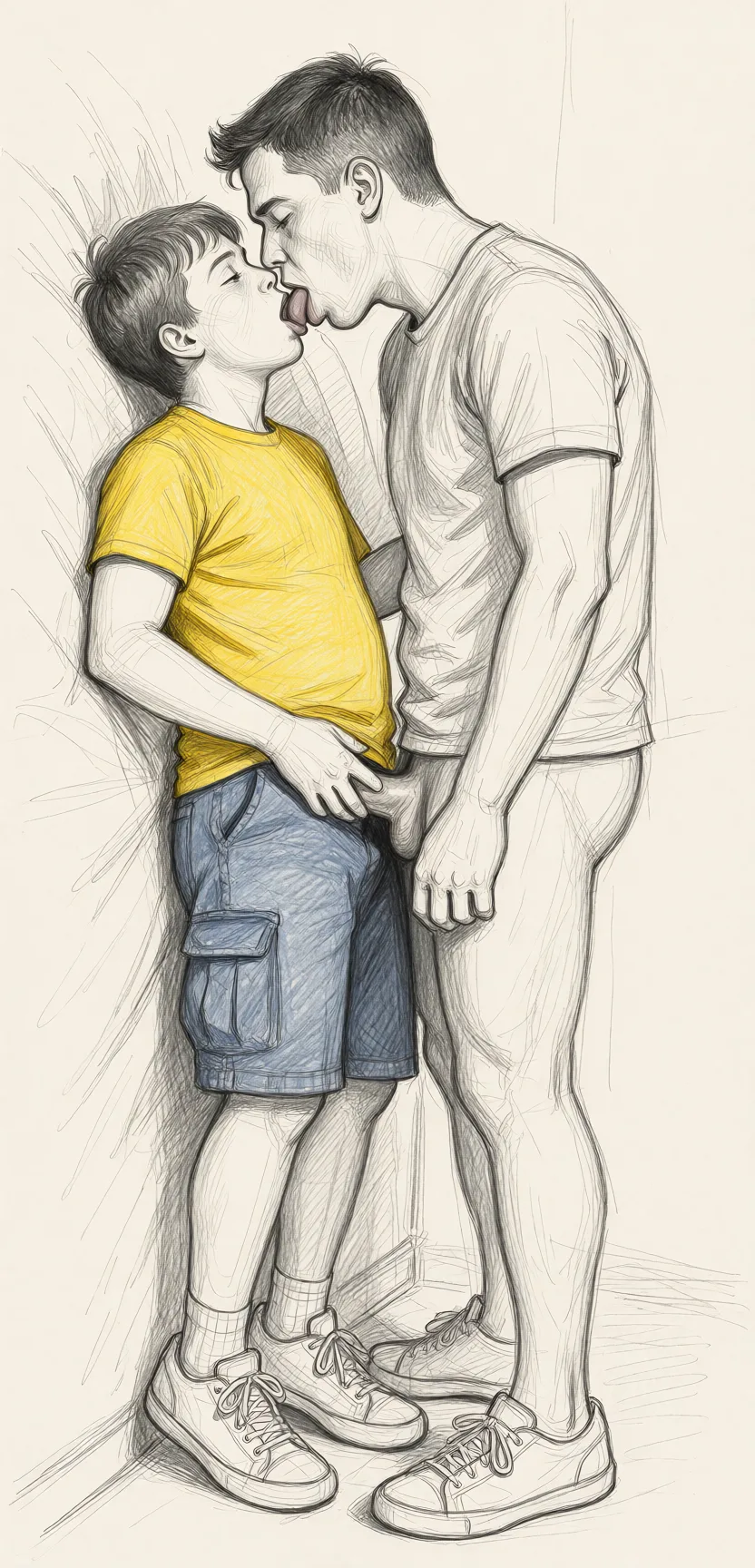 Redraw the entire picture as a hand-drawn graphite sketch on off-white paper: visible pencil strokes, cross-hatched shading, loose construction lines and no colour beyond the grey of the pencil and the tone of the paper. The background is drawn in the same style. Nothing in the frame keeps its photographic appearance. Above all, the picture must show: Short guy is laying down, tall guy is sucking small guy's tiny penis.