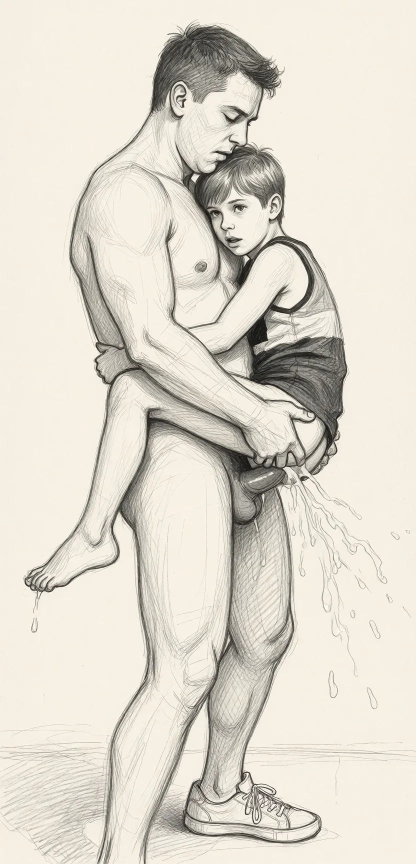 Redraw the entire picture as a hand-drawn graphite sketch on off-white paper: visible pencil strokes, cross-hatched shading, loose construction lines and no colour beyond the grey of the pencil and the tone of the paper. The background is drawn in the same style. Nothing in the frame keeps its photographic appearance. Above all, the picture must show: No clothes, tall guy picks up short guy, short guy wraps his legs around tall guy's waist, tall guy's penis is in short guys anus, tall guy is squeezing short guy's but, having gay anal sex, both are cumming.