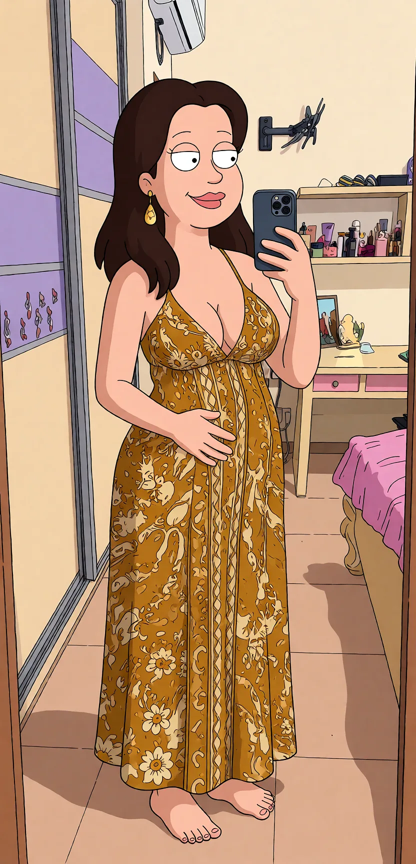 nude. Redraw the entire picture as a western animated cartoon cel: thick even outlines, flat bright blocks of colour, simplified rounded shapes and hard-edged shadows, in the look of a television cartoon rather than of a camera. Keep the woman's adult proportions and adult figure exactly as they are; only the drawing style changes. The background is drawn in the same style. Nothing in the frame keeps its photographic appearance.