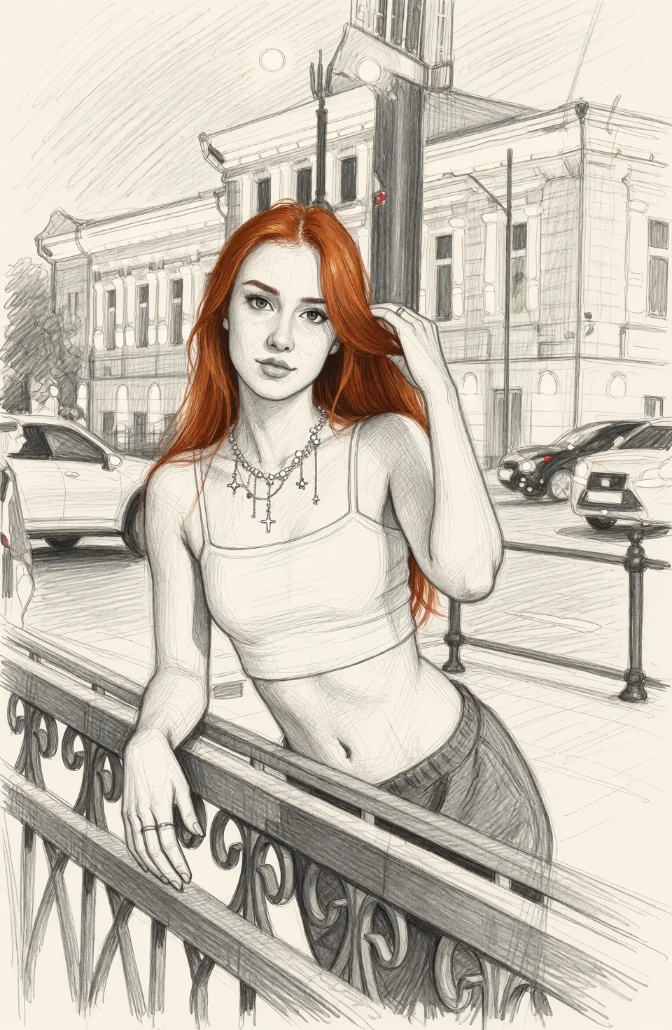 Redraw the entire picture as a hand-drawn graphite sketch on off-white paper: visible pencil strokes, cross-hatched shading, loose construction lines and no colour beyond the grey of the pencil and the tone of the paper. The background is drawn in the same style. Nothing in the frame keeps its photographic appearance. Above all, the picture must show: nude.