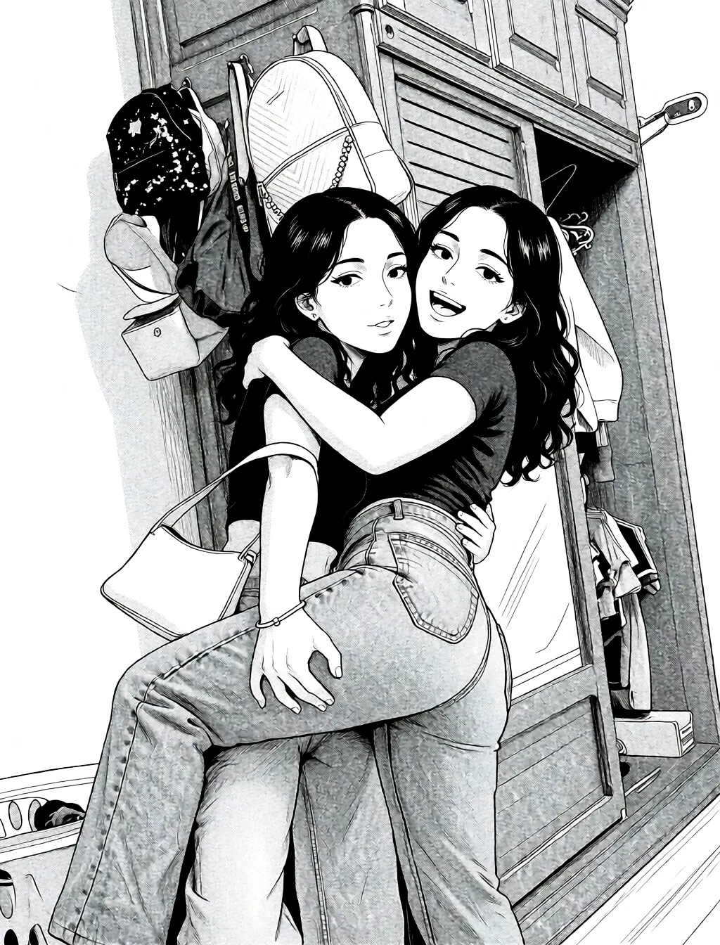 Redraw the entire picture as a black and white manga page: crisp black ink line art, no colour anywhere, flat halftone screentone shading, hatched shadows and clean white highlights, in the look of a printed manga panel. The background is drawn in the same style. Nothing in the frame keeps its photographic appearance. Above all, the picture must show: وضعية اباحية مع بعضهن دون تغيير ملامح الوجوه.