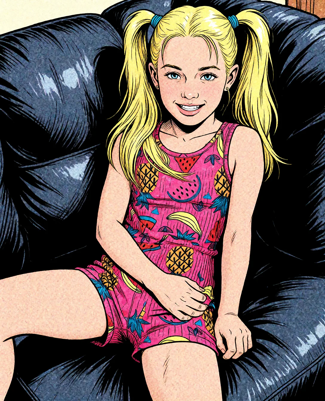 Redraw the entire picture as western comic-book art: heavy black inked outlines, hard-edged cel shading, limited high-contrast colour and visible halftone dot texture. The background is drawn in the same style. Nothing in the frame keeps its photographic appearance. Above all, the picture must show: spread_legs no_pants.