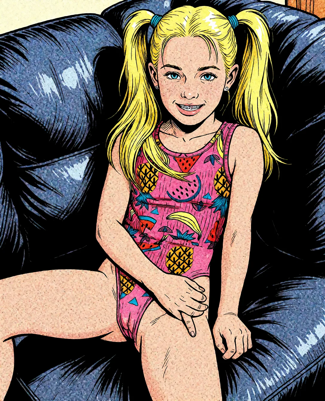 Redraw the entire picture as western comic-book art: heavy black inked outlines, hard-edged cel shading, limited high-contrast colour and visible halftone dot texture. The background is drawn in the same style. Nothing in the frame keeps its photographic appearance. Above all, the picture must show: pointing at pussy.
