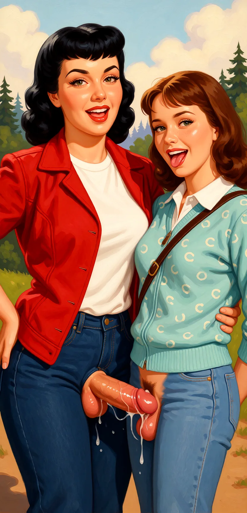 Redraw the entire picture as a retro pin-up illustration: smooth airbrushed gouache paint, warm saturated mid-century colour, clean confident outlines and glamorous stylised features, in the look of a 1950s pin-up poster. The background is painted in the same style. Nothing in the frame keeps its photographic appearance. Above all, the picture must show: futanari fellatio.