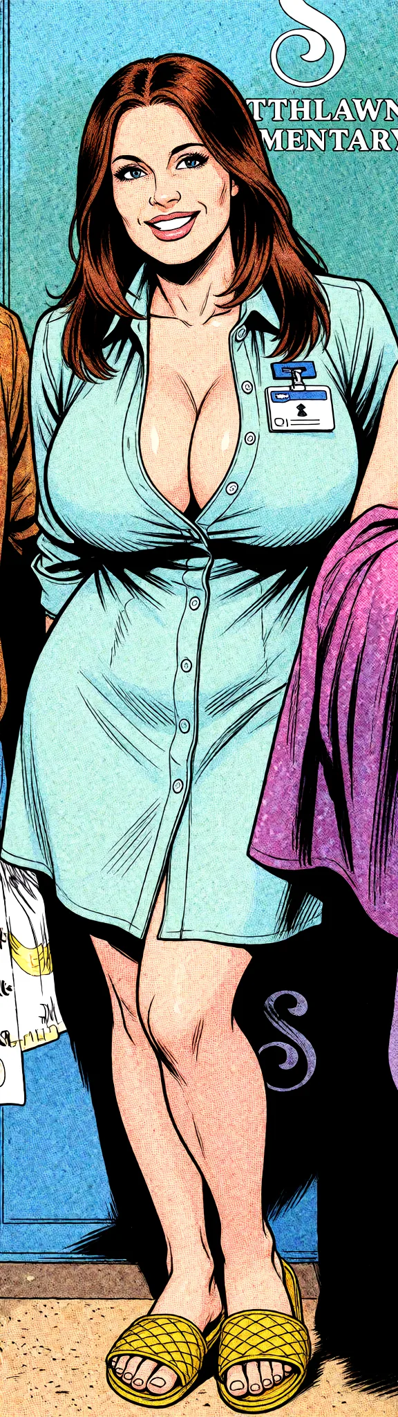 Redraw the entire picture as western comic-book art: heavy black inked outlines, hard-edged cel shading, limited high-contrast colour and visible halftone dot texture. The background is drawn in the same style. Nothing in the frame keeps its photographic appearance. Above all, the picture must show: Naked huge_breasts teacher seductive_smile.