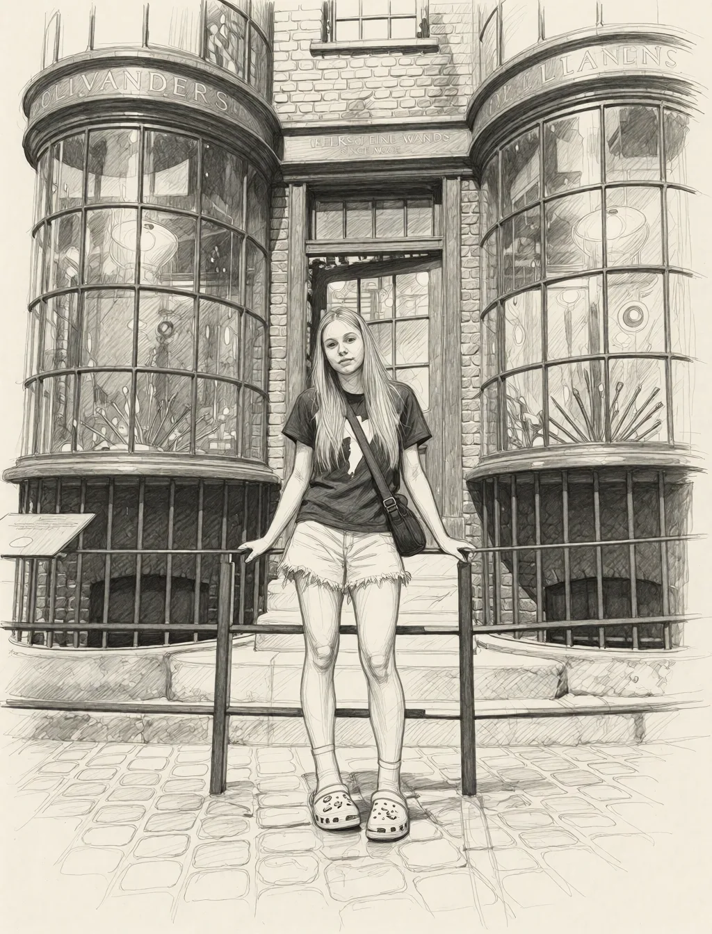 Redraw the entire picture as a hand-drawn graphite sketch on off-white paper: visible pencil strokes, cross-hatched shading, loose construction lines and no colour beyond the grey of the pencil and the tone of the paper. The background is drawn in the same style. Nothing in the frame keeps its photographic appearance. Above all, the picture must show: Раздеть.