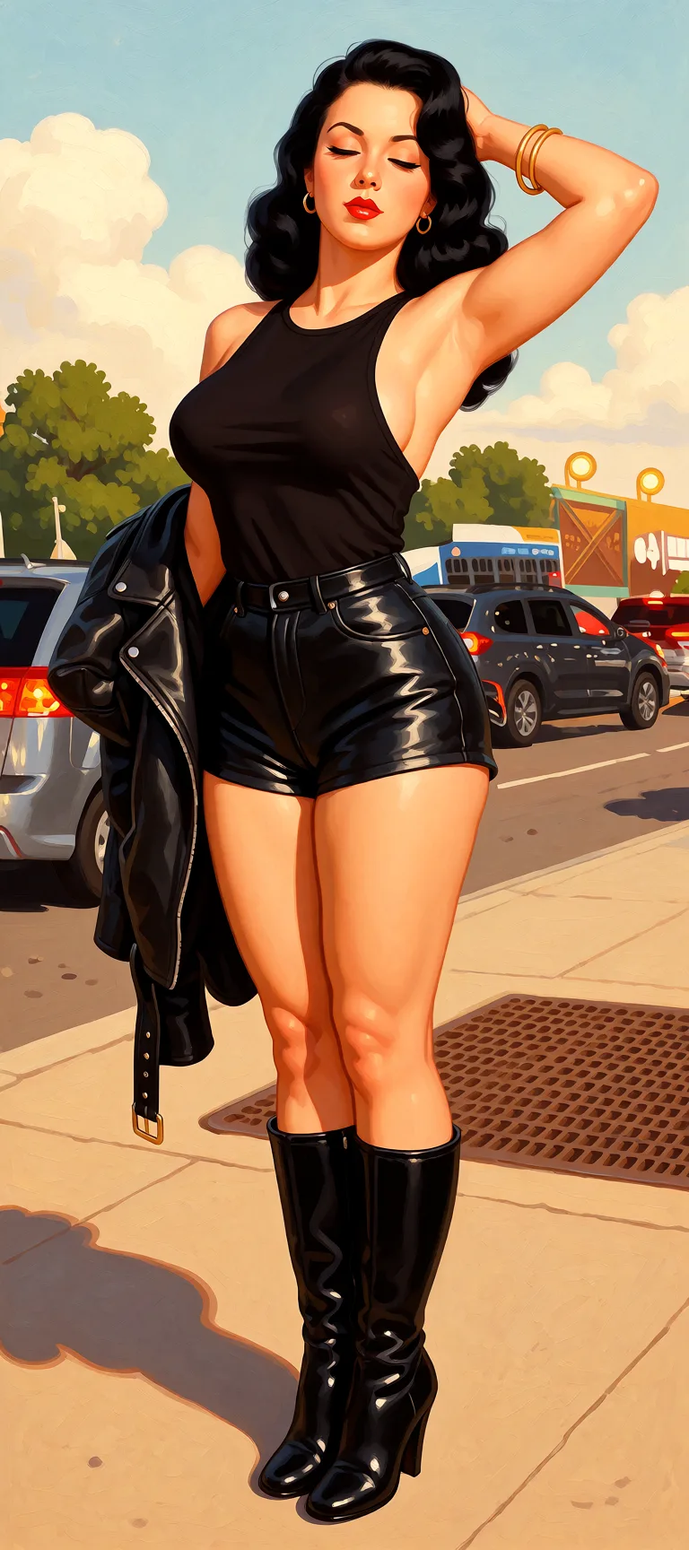 Redraw the entire picture as a retro pin-up illustration: smooth airbrushed gouache paint, warm saturated mid-century colour, clean confident outlines and glamorous stylised features, in the look of a 1950s pin-up poster. The background is painted in the same style. Nothing in the frame keeps its photographic appearance. Above all, the picture must show: large_breasts huge_ass keep clothing and expression the same closed_eyes.