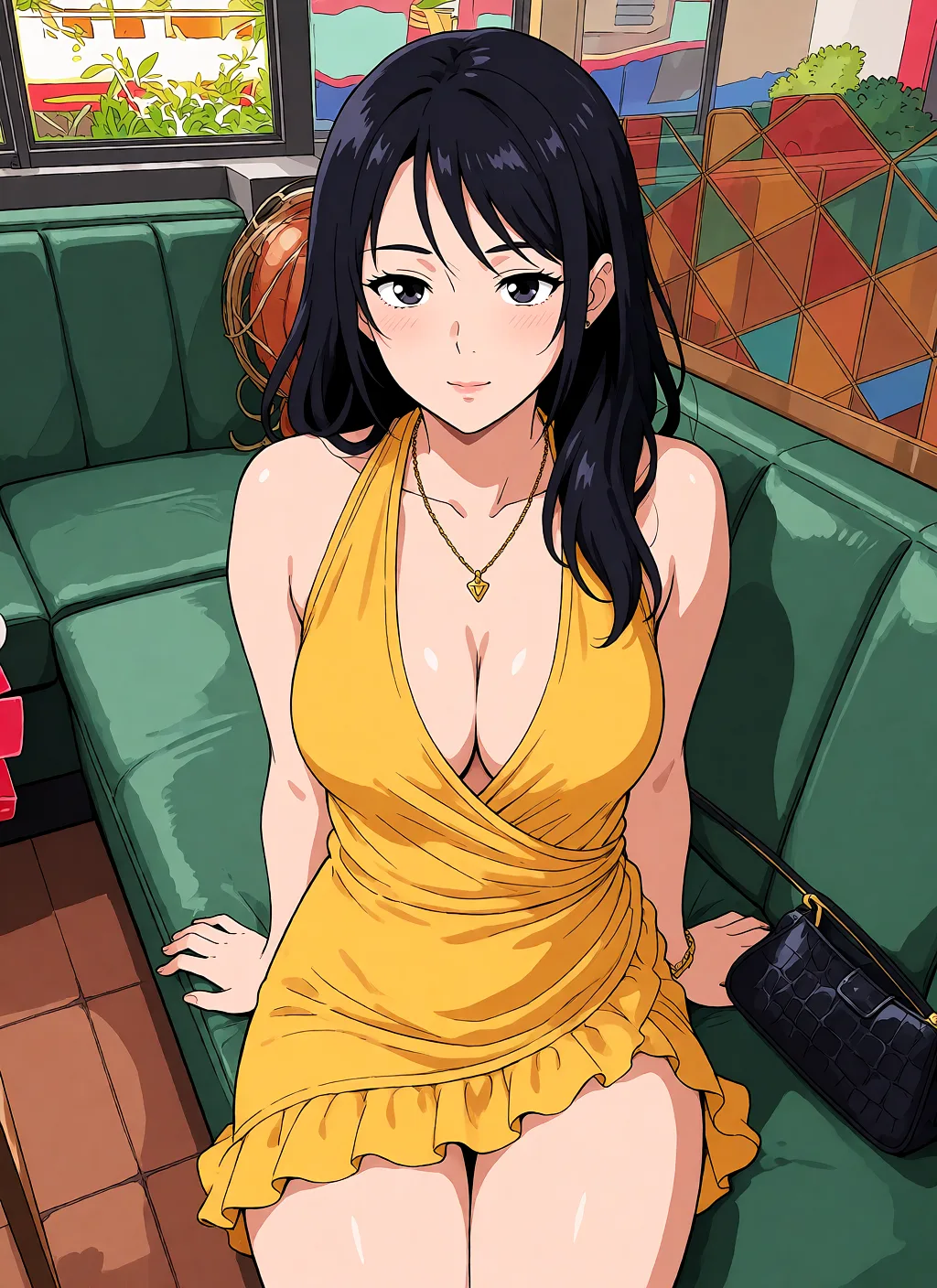 Redraw the entire picture as a hand-drawn anime illustration in flat cel-shaded anime style. It stays the same person with the same face, the same expression, the same hair and the same skin tone, and every other detail of the photograph is kept exactly as it is: nothing is added, removed, moved, uncovered or recoloured. Only the medium changes, and no part of the picture is left photographic. Above all, the picture must show: naked_shirt grabbing_another's_breast presenting.