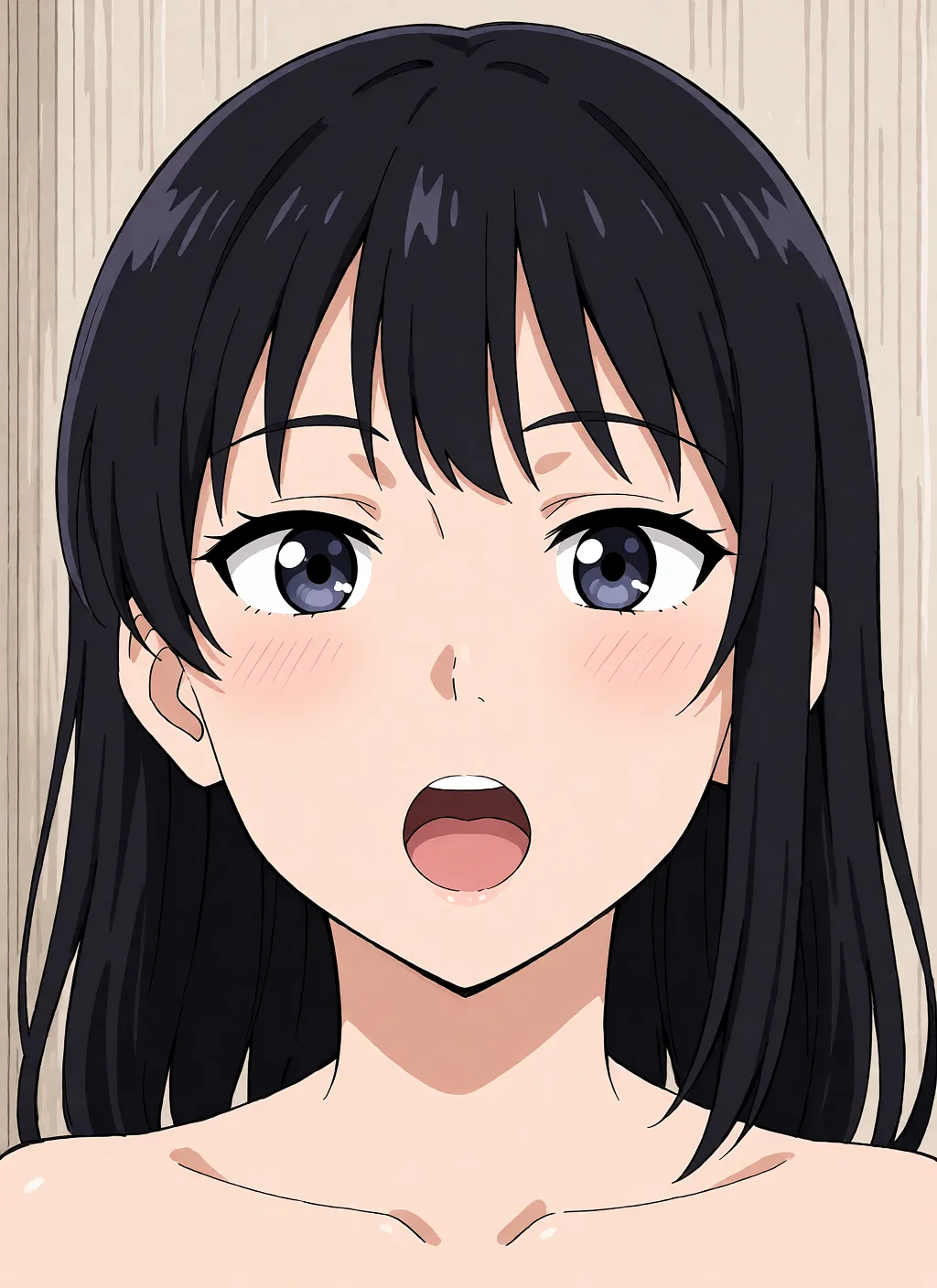 Redraw the entire picture as a hand-drawn anime illustration in flat cel-shaded anime style. It stays the same person with the same face, the same expression, the same hair and the same skin tone, and every other detail of the photograph is kept exactly as it is: nothing is added, removed, moved, uncovered or recoloured. Only the medium changes, and no part of the picture is left photographic. Above all, the picture must show: gangbang.