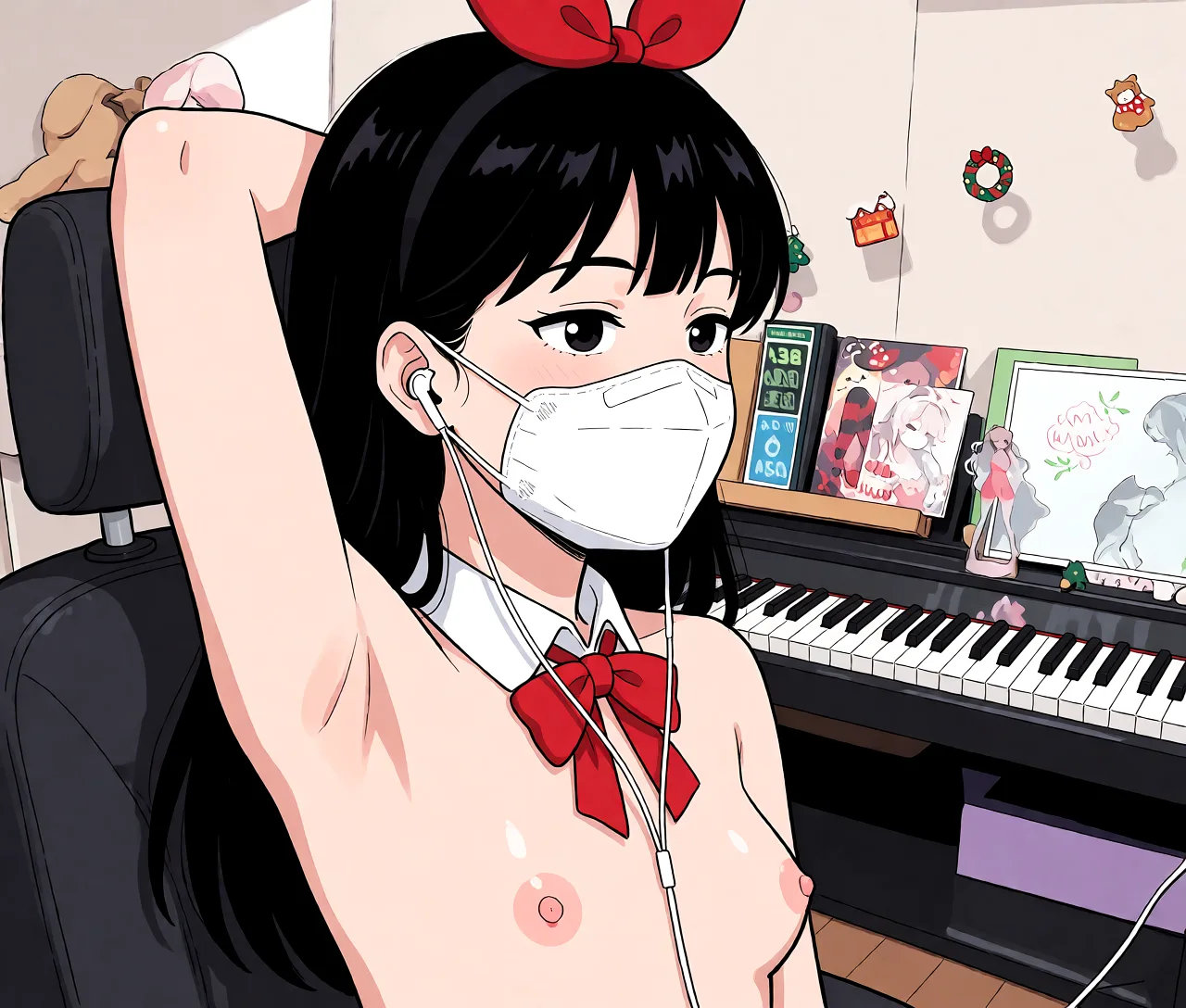 Redraw the entire picture as a hand-drawn anime illustration in flat cel-shaded anime style. It stays the same person with the same face, the same expression, the same hair and the same skin tone, and every other detail of the photograph is kept exactly as it is: nothing is added, removed, moved, uncovered or recoloured. Only the medium changes, and no part of the picture is left photographic. Above all, the picture must show: change nude and show her armpits.