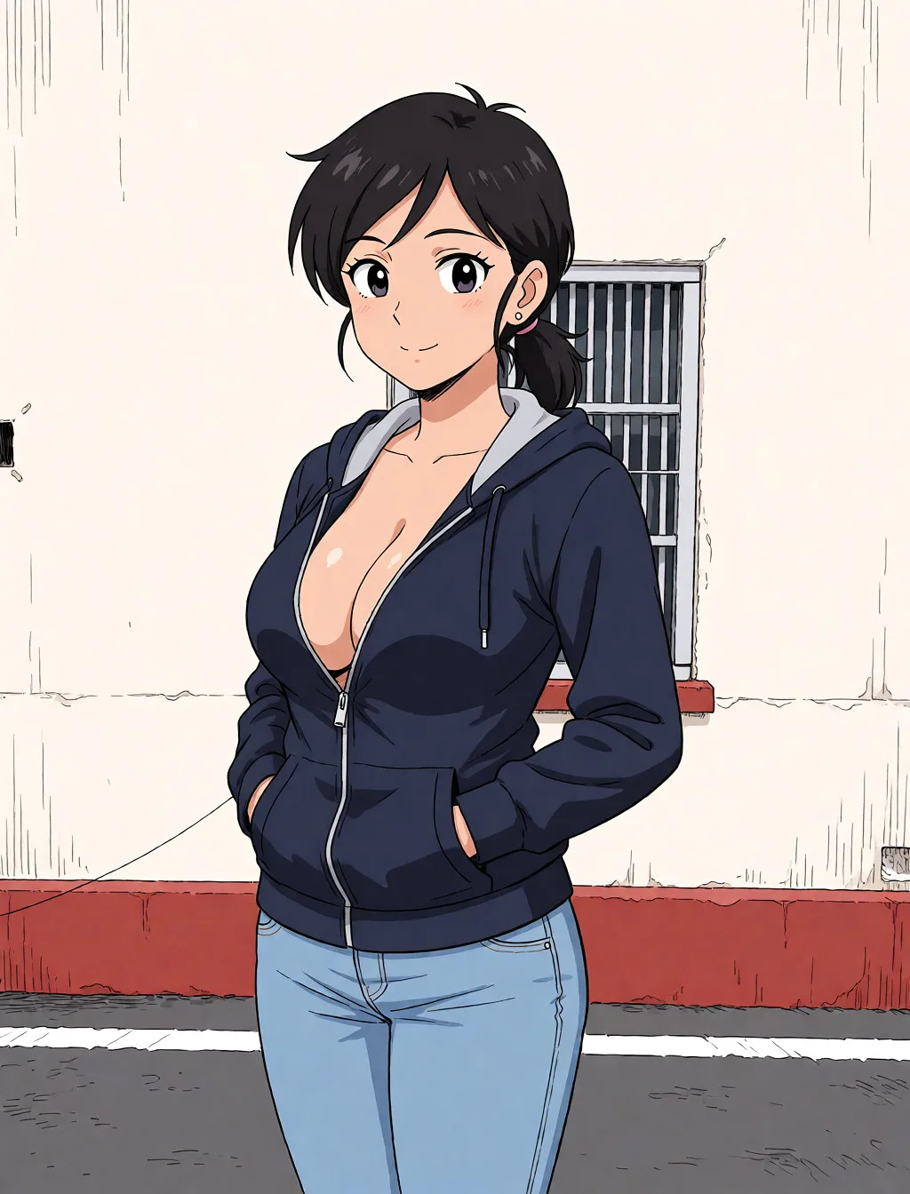 Redraw the entire picture as a hand-drawn anime illustration in flat cel-shaded anime style. It stays the same person with the same face, the same expression, the same hair and the same skin tone, and every other detail of the photograph is kept exactly as it is: nothing is added, removed, moved, uncovered or recoloured. Only the medium changes, and no part of the picture is left photographic. Above all, the picture must show: Straightens her posture, revealing a deepening cleavage as her chest gradually becomes fuller.