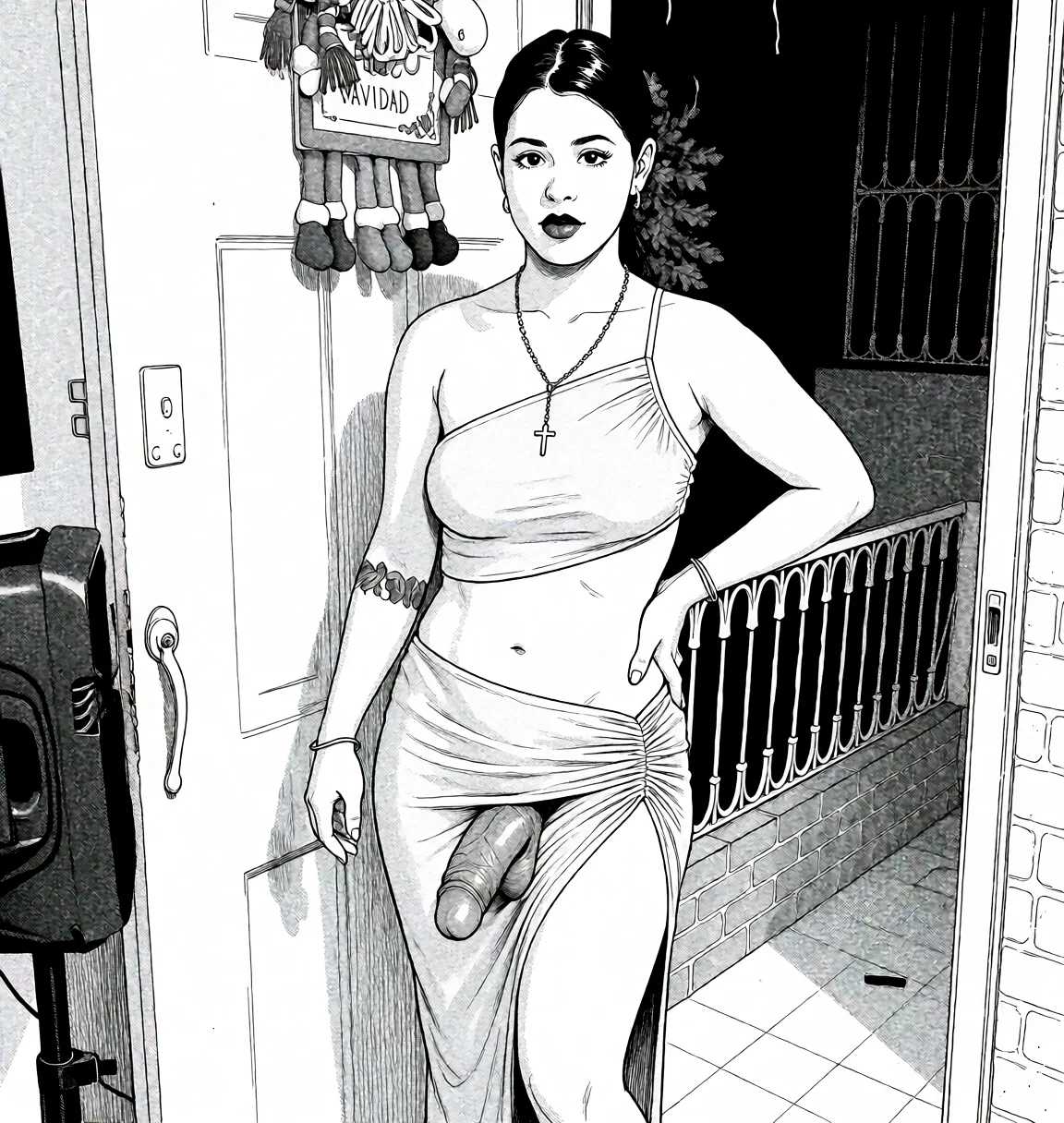 Redraw the entire picture as a black and white manga page: crisp black ink line art, no colour anywhere, flat halftone screentone shading, hatched shadows and clean white highlights, in the look of a printed manga panel. The background is drawn in the same style. Nothing in the frame keeps its photographic appearance. Above all, the picture must show: Añade un pene grueso y largo oculto debajo de la falda de la sujeto en la imagen fuente, marcando y apretando visiblemente la tela para crear el efecto de una futanari con el pene oculto pero claramente delineado a través de la ropa. El pene no debe mostrarse explícitamente, solo la forma marcada bajo la falda ocultando una fuerte erección. Mantén intactos todos los elementos no mencionados: pose, expresión, identidad, proporciones corporales, fondo, iluminación, sombras, color y composición original de la imagen. Integra la modificación de forma natural y precisa, manteniendo consistencia anatómica, texturas, materiales y sombras sin costuras visibles ni cambios no solicitados.