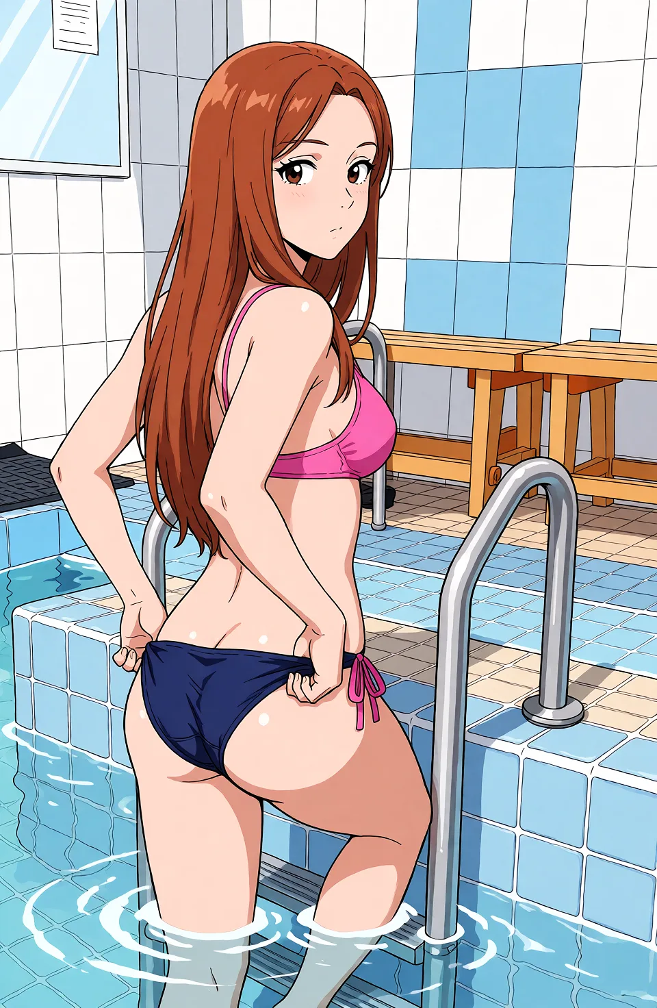 Redraw the entire picture as a hand-drawn anime illustration in flat cel-shaded anime style. It stays the same person with the same face, the same expression, the same hair and the same skin tone, and every other detail of the photograph is kept exactly as it is: nothing is added, removed, moved, uncovered or recoloured. Only the medium changes, and no part of the picture is left photographic. Above all, the picture must show:woman looking back while adjusting her panties, panties crumpled into her ass, comletely exposing her buttocks, blusging.