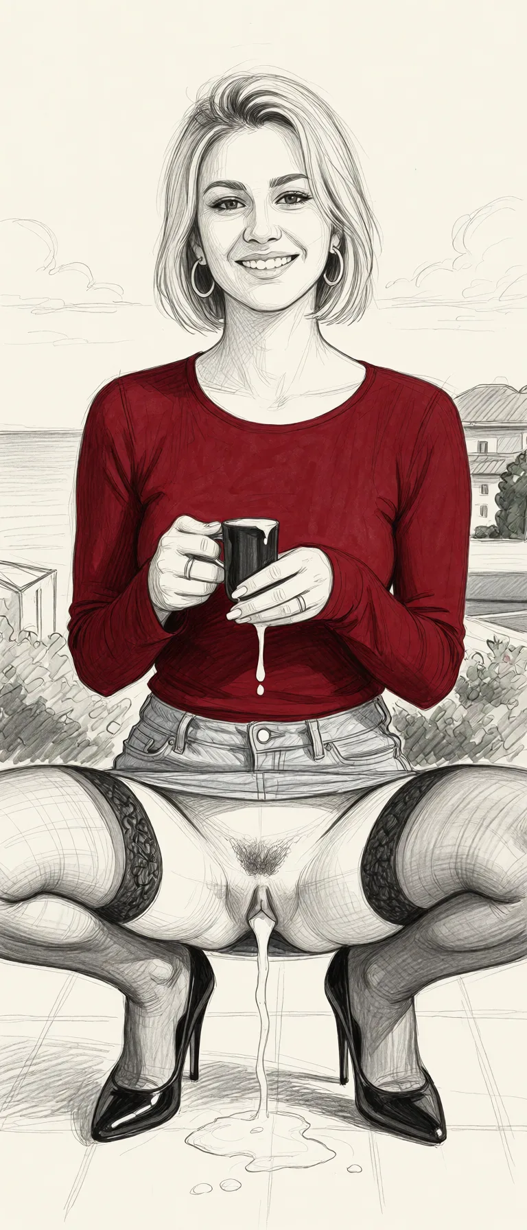 Redraw the entire picture as a hand-drawn graphite sketch on off-white paper: visible pencil strokes, cross-hatched shading, loose construction lines and no colour beyond the grey of the pencil and the tone of the paper. The background is drawn in the same style. Nothing in the frame keeps its photographic appearance. Above all, the picture must show: miniskirt, high_heels, stockings, hoop_earrings, squatting, fellatio.
