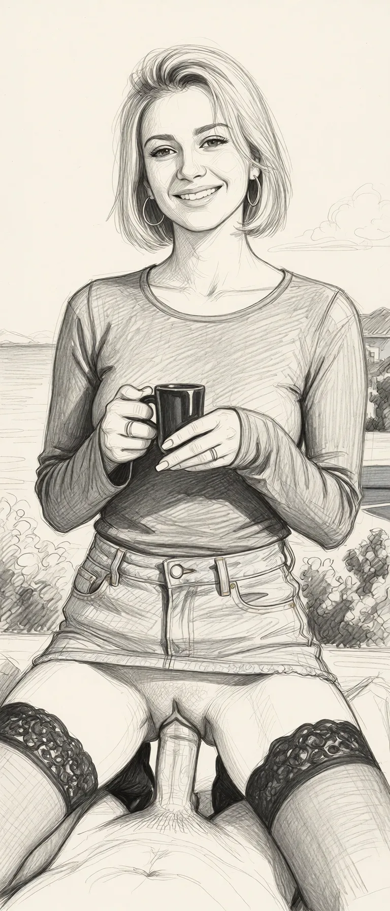 Redraw the entire picture as a hand-drawn graphite sketch on off-white paper: visible pencil strokes, cross-hatched shading, loose construction lines and no colour beyond the grey of the pencil and the tone of the paper. The background is drawn in the same style. Nothing in the frame keeps its photographic appearance. Above all, the picture must show: high_heels, stockings, hoop_earrings, miniskirt, fellatio.