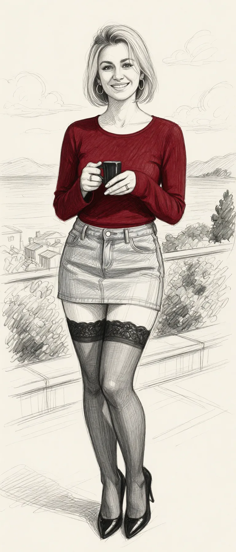 Redraw the entire picture as a hand-drawn graphite sketch on off-white paper: visible pencil strokes, cross-hatched shading, loose construction lines and no colour beyond the grey of the pencil and the tone of the paper. The background is drawn in the same style. Nothing in the frame keeps its photographic appearance. Above all, the picture must show: high_heels, stockings, hoop_earrings, miniskirt, standing_sex.