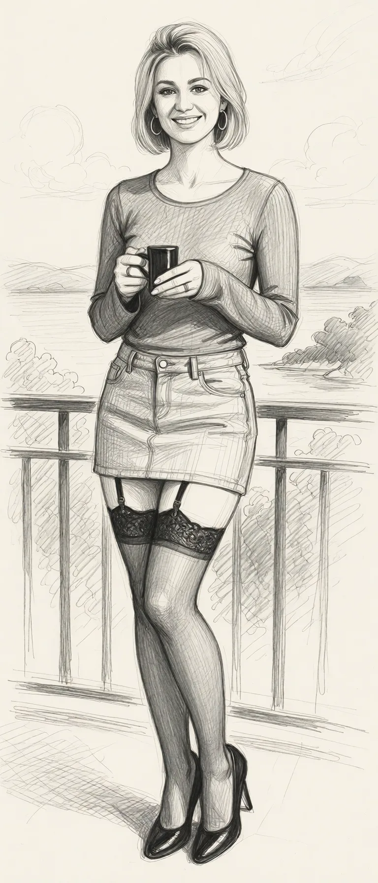 Redraw the entire picture as a hand-drawn graphite sketch on off-white paper: visible pencil strokes, cross-hatched shading, loose construction lines and no colour beyond the grey of the pencil and the tone of the paper. The background is drawn in the same style. Nothing in the frame keeps its photographic appearance. Above all, the picture must show: high_heels, stockings, hoop_earrings, miniskirt, secretary outfit, missionary.