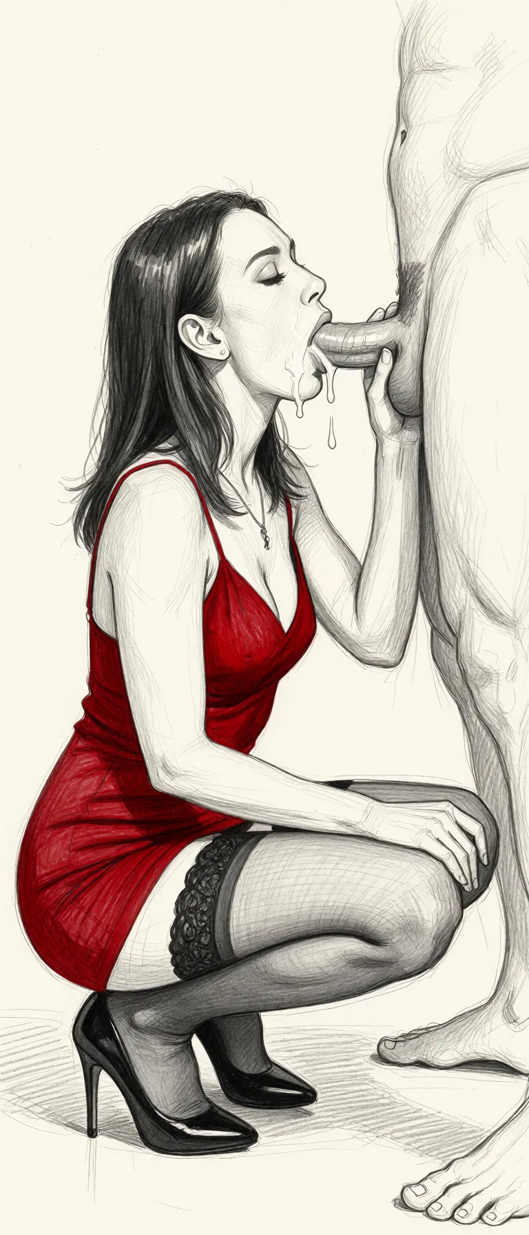 Redraw the entire picture as a hand-drawn graphite sketch on off-white paper: visible pencil strokes, cross-hatched shading, loose construction lines and no colour beyond the grey of the pencil and the tone of the paper. The background is drawn in the same style. Nothing in the frame keeps its photographic appearance. Above all, the picture must show:woman squatting, long legs, wearing slim short red evening dress, stockings, high heels, doing a blowjob for a white man, sperm on lips, makeup, full body side view.