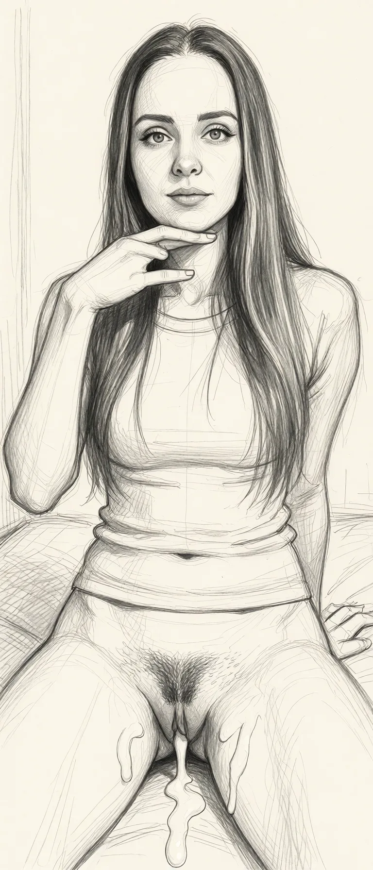 Redraw the entire picture as a hand-drawn graphite sketch on off-white paper: visible pencil strokes, cross-hatched shading, loose construction lines and no colour beyond the grey of the pencil and the tone of the paper. The background is drawn in the same style. Nothing in the frame keeps its photographic appearance. Above all, the picture must show: clothed_sex, cum on legs.