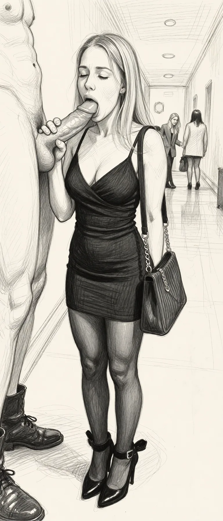 Redraw the entire picture as a hand-drawn graphite sketch on off-white paper: visible pencil strokes, cross-hatched shading, loose construction lines and no colour beyond the grey of the pencil and the tone of the paper. The background is drawn in the same style. Nothing in the frame keeps its photographic appearance. Above all, the picture must show: blowjob, deepthroat a woman in front of a penis, she engages in a deep throat blowjob, she swallows the penis all the way. she give him best deep throat blow job ever, wearing high_heels, evening short dress.