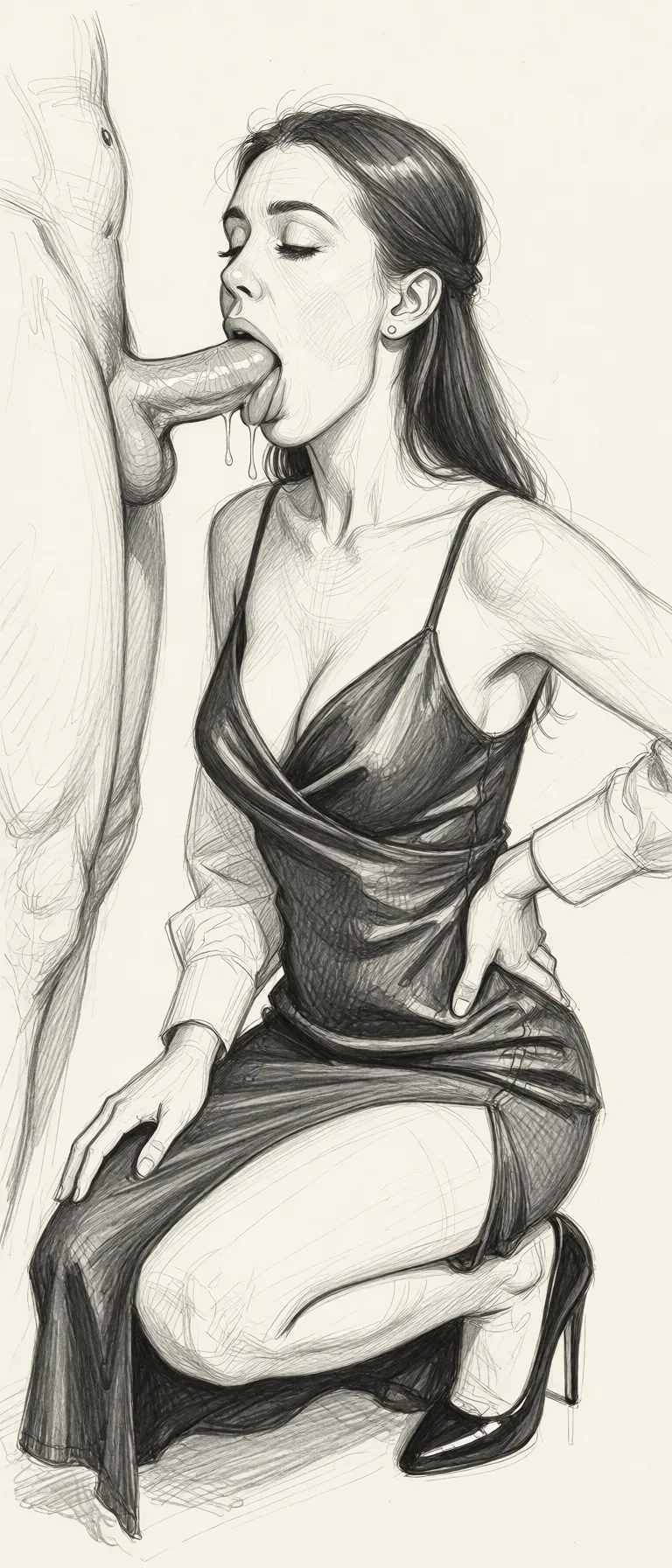 Redraw the entire picture as a hand-drawn graphite sketch on off-white paper: visible pencil strokes, cross-hatched shading, loose construction lines and no colour beyond the grey of the pencil and the tone of the paper. The background is drawn in the same style. Nothing in the frame keeps its photographic appearance. Above all, the picture must show: blowjob, deepthroat a woman in front of a penis, she engages in a deep throat blowjob, she swallows the penis all the way. she give him best deep throat blow job ever, wearing high_heels, evening silk dress.