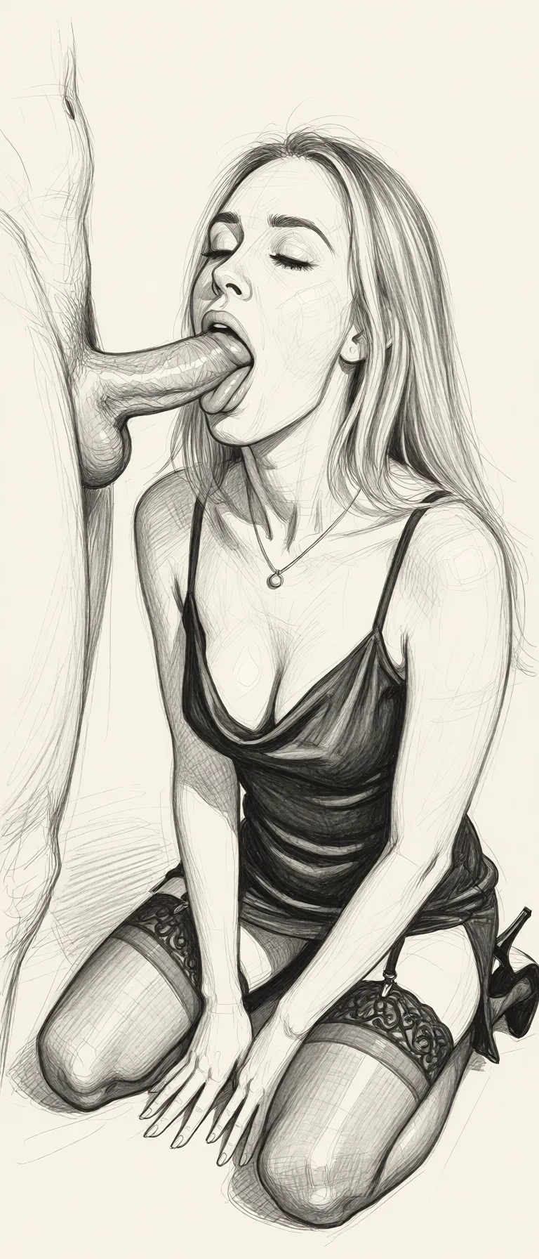 Redraw the entire picture as a hand-drawn graphite sketch on off-white paper: visible pencil strokes, cross-hatched shading, loose construction lines and no colour beyond the grey of the pencil and the tone of the paper. The background is drawn in the same style. Nothing in the frame keeps its photographic appearance. Above all, the picture must show: blowjob, deepthroat a woman in front of a penis, she engages in a deep throat blowjob, she swallows the penis all the way. she give him best deep throat blow job ever, wearing high_heels, stockings, short silk evening dress.