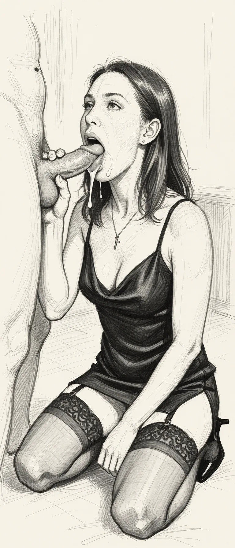 Redraw the entire picture as a hand-drawn graphite sketch on off-white paper: visible pencil strokes, cross-hatched shading, loose construction lines and no colour beyond the grey of the pencil and the tone of the paper. The background is drawn in the same style. Nothing in the frame keeps its photographic appearance. Above all, the picture must show: blowjob, deepthroat a woman in front of a penis, she engages in a deep throat blowjob, she swallows the penis all the way. she give him best deep throat blow job ever, wearing high_heels, stockings, short silk evening dress, sperm streaming from the mouth.