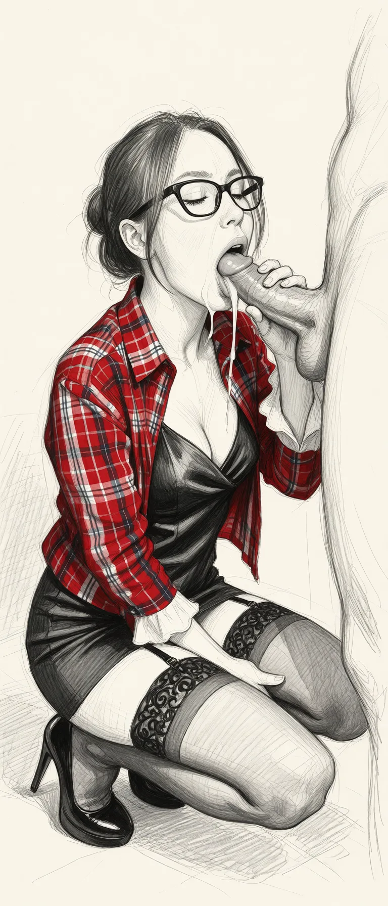 Redraw the entire picture as a hand-drawn graphite sketch on off-white paper: visible pencil strokes, cross-hatched shading, loose construction lines and no colour beyond the grey of the pencil and the tone of the paper. The background is drawn in the same style. Nothing in the frame keeps its photographic appearance. Above all, the picture must show: blowjob, deepthroat a woman in front of a penis, she engages in a deep throat blowjob, she swallows the penis all the way. she give him best deep throat blow job ever, wearing high_heels, stockings, short silk evening dress, sperm streaming from the mouth.