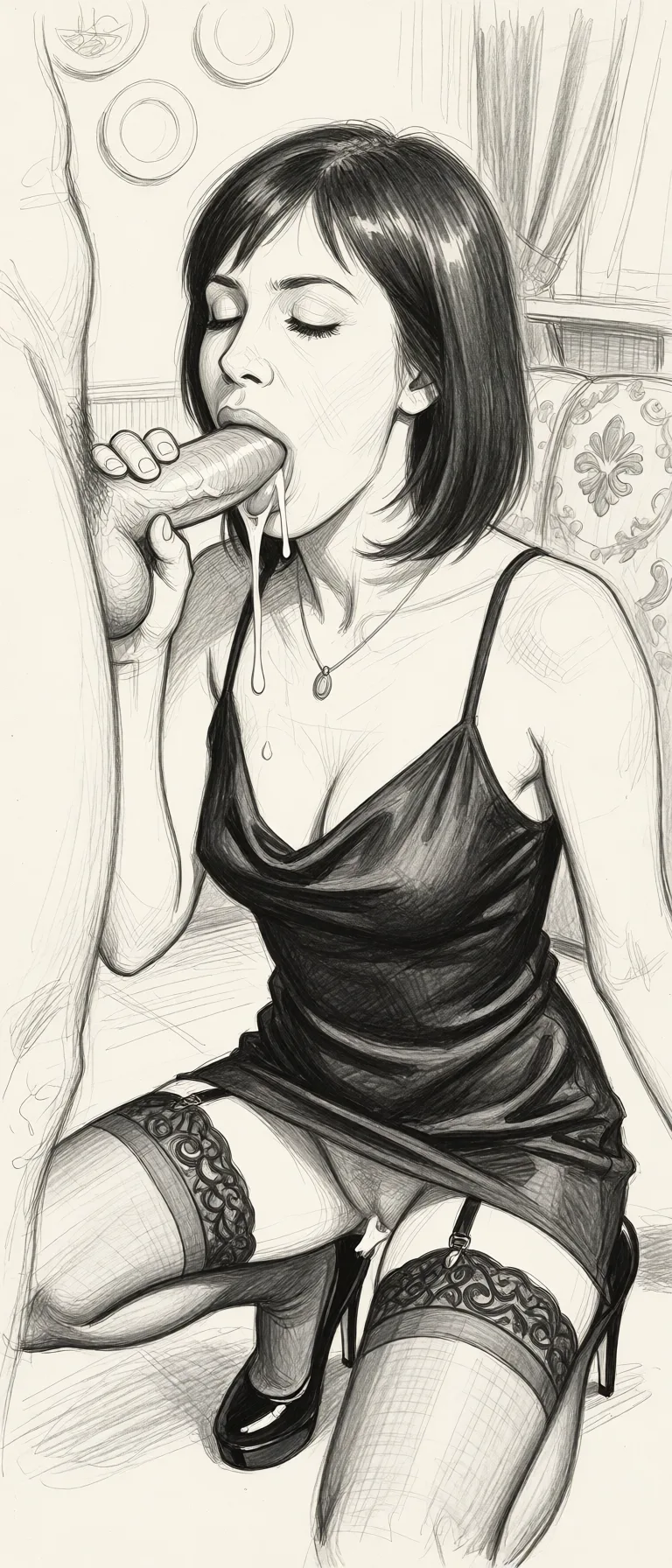 Redraw the entire picture as a hand-drawn graphite sketch on off-white paper: visible pencil strokes, cross-hatched shading, loose construction lines and no colour beyond the grey of the pencil and the tone of the paper. The background is drawn in the same style. Nothing in the frame keeps its photographic appearance. Above all, the picture must show: blowjob, deepthroat a woman in front of a penis, she engages in a deep throat blowjob, she swallows the penis all the way. she give him best deep throat blow job ever, wearing high_heels, stockings, short silk evening dress, sperm streaming from the mouth.