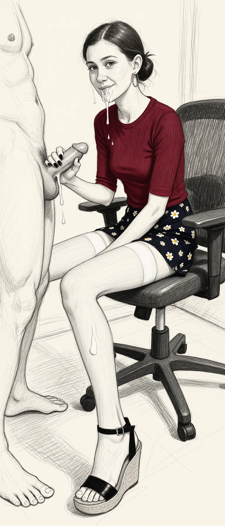 Redraw the entire picture as a hand-drawn graphite sketch on off-white paper: visible pencil strokes, cross-hatched shading, loose construction lines and no colour beyond the grey of the pencil and the tone of the paper. The background is drawn in the same style. Nothing in the frame keeps its photographic appearance. Above all, the picture must show: Colored picture. full body view. woman sitting on a chair, doing a handjob to a white man. shy smirk, very long legs in white stockings, black manicure, white pedicure, hoop earrings, slim body, small breasts, supermodel body, Flwers Print sun dress, focus on long legs, wedge sandals with ankle strap, sperm on face, sperm on legs.