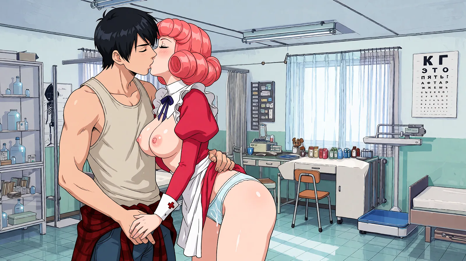 Redraw the entire picture as a hand-drawn anime illustration in flat cel-shaded anime style. It stays the same person with the same face, the same expression, the same hair and the same skin tone, and every other detail of the photograph is kept exactly as it is: nothing is added, removed, moved, uncovered or recoloured. Only the medium changes, and no part of the picture is left photographic. Above all, the picture must show: Passionate kissing. A guy slides his hand under the woman's skirt. Wet panties. He touches her breasts. The woman strokes his crotch over his trousers. Fully clothed. Wide female hips.