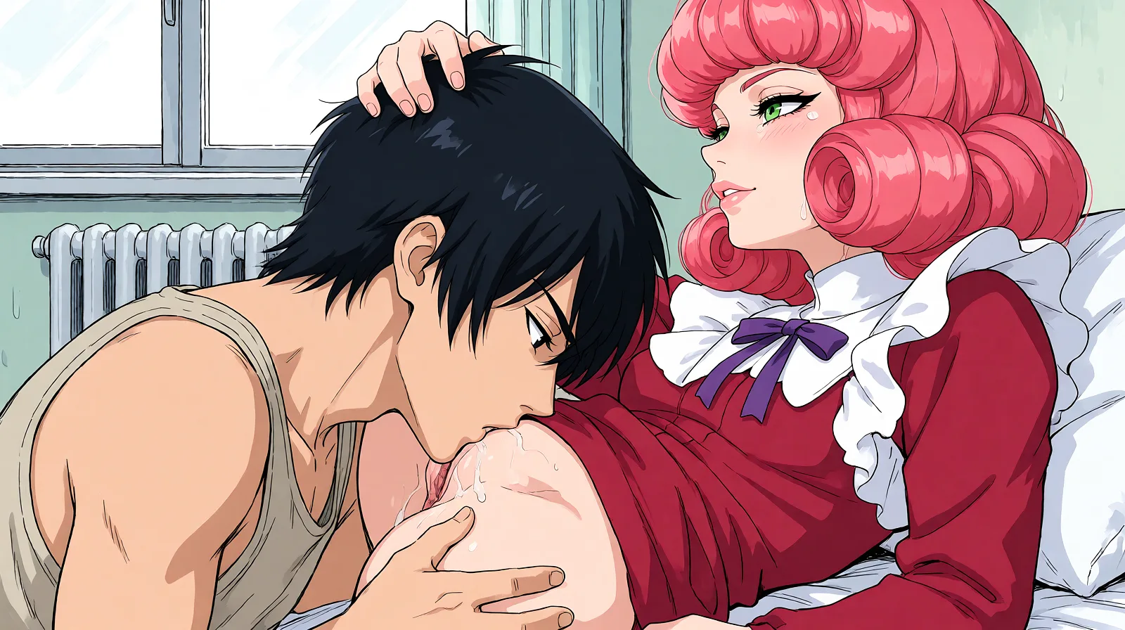 Redraw the entire picture as a hand-drawn anime illustration in flat cel-shaded anime style. It stays the same person with the same face, the same expression, the same hair and the same skin tone, and every other detail of the photograph is kept exactly as it is: nothing is added, removed, moved, uncovered or recoloured. Only the medium changes, and no part of the picture is left photographic. Above all, the picture must show: He kisses her thighs. The woman's hand clutches his hair.