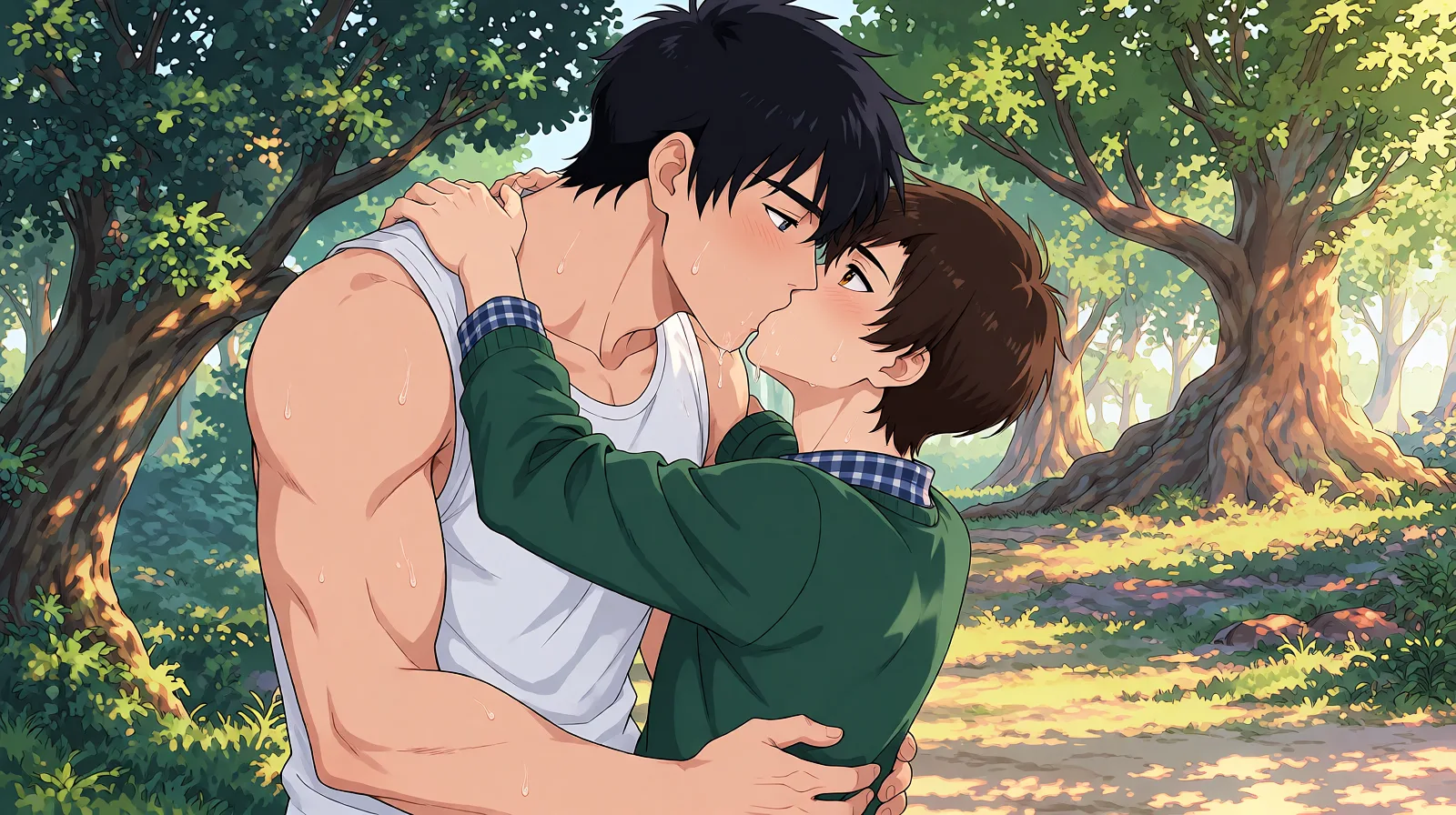 Redraw the entire picture as a hand-drawn anime illustration in flat cel-shaded anime style. It stays the same person with the same face, the same expression, the same hair and the same skin tone, and every other detail of the photograph is kept exactly as it is: nothing is added, removed, moved, uncovered or recoloured. Only the medium changes, and no part of the picture is left photographic. Above all, the picture must show: Two guys are kissing passionately. The guy on the left is dominant; the guy on the right is submissive (the one being led). They are naked and glistening with moisture. The shot is from the waist up. A passionate kiss.