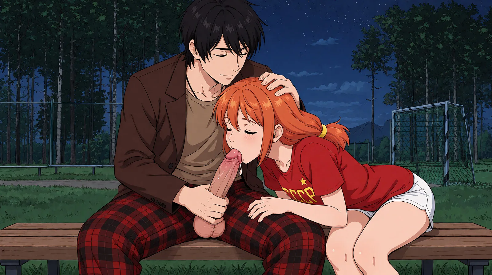 Redraw the entire picture as a hand-drawn anime illustration in flat cel-shaded anime style. It stays the same person with the same face, the same expression, the same hair and the same skin tone, and every other detail of the photograph is kept exactly as it is: nothing is added, removed, moved, uncovered or recoloured. Only the medium changes, and no part of the picture is left photographic. Above all, the picture must show: The young woman on the right leans in and gently sucks the penis of the guy on the left, while massaging his testicles with her hand. The guy sits with his eyes closed. A hand rests on the young woman’s head. Maintain the visual style of the reference.