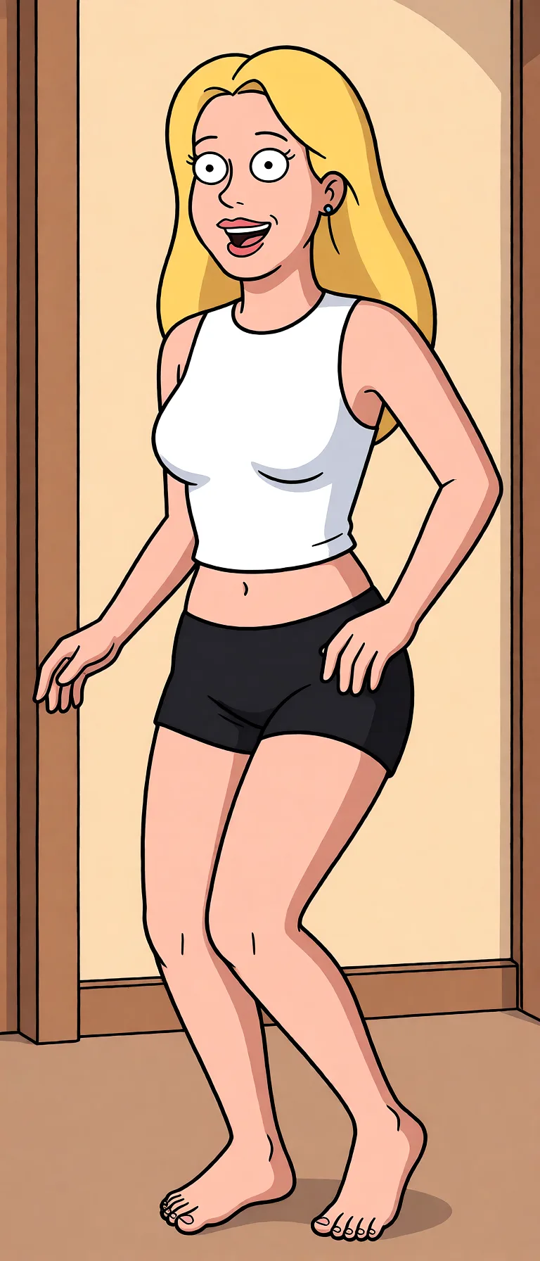 Redraw the entire picture as a western animated cartoon cel: thick even outlines, flat bright blocks of colour, simplified rounded shapes and hard-edged shadows, in the look of a television cartoon rather than of a camera. Keep the woman's adult proportions and adult figure exactly as they are; only the drawing style changes. The background is drawn in the same style. Nothing in the frame keeps its photographic appearance. Above all, the picture must show: Naked dancing.