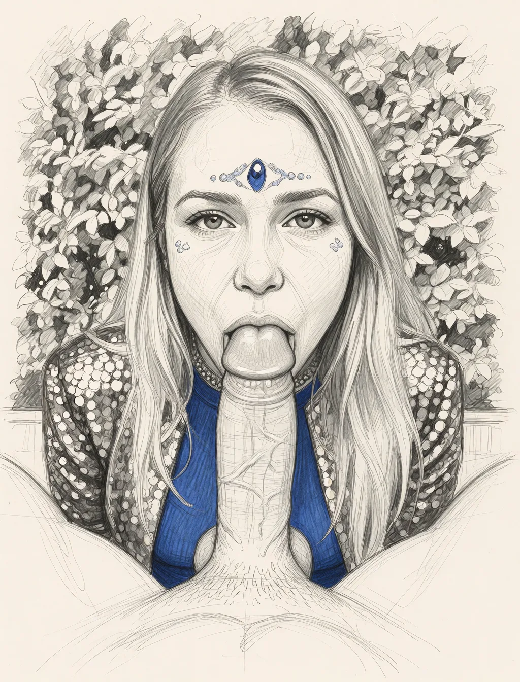 Redraw the entire picture as a hand-drawn graphite sketch on off-white paper: visible pencil strokes, cross-hatched shading, loose construction lines and no colour beyond the grey of the pencil and the tone of the paper. The background is drawn in the same style. Nothing in the frame keeps its photographic appearance. Above all, the picture must show: Deepthroating a big penis.