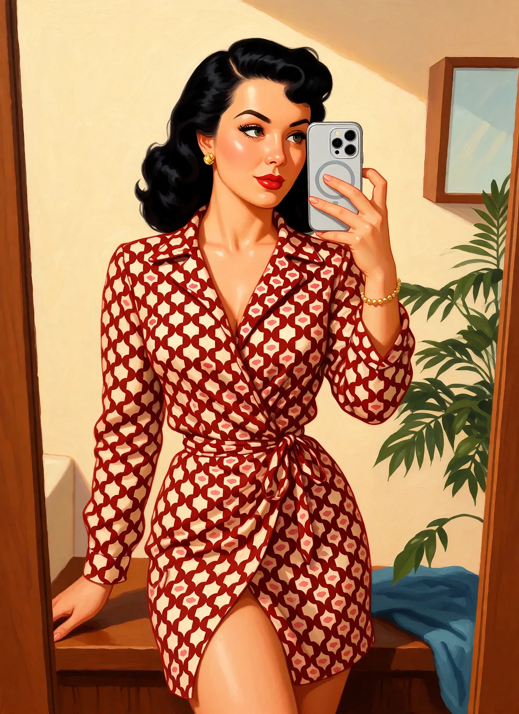 Redraw the entire picture as a retro pin-up illustration: smooth airbrushed gouache paint, warm saturated mid-century colour, clean confident outlines and glamorous stylised features, in the look of a 1950s pin-up poster. The background is painted in the same style. Nothing in the frame keeps its photographic appearance. Above all, the picture must show: Раздень ее полностью.