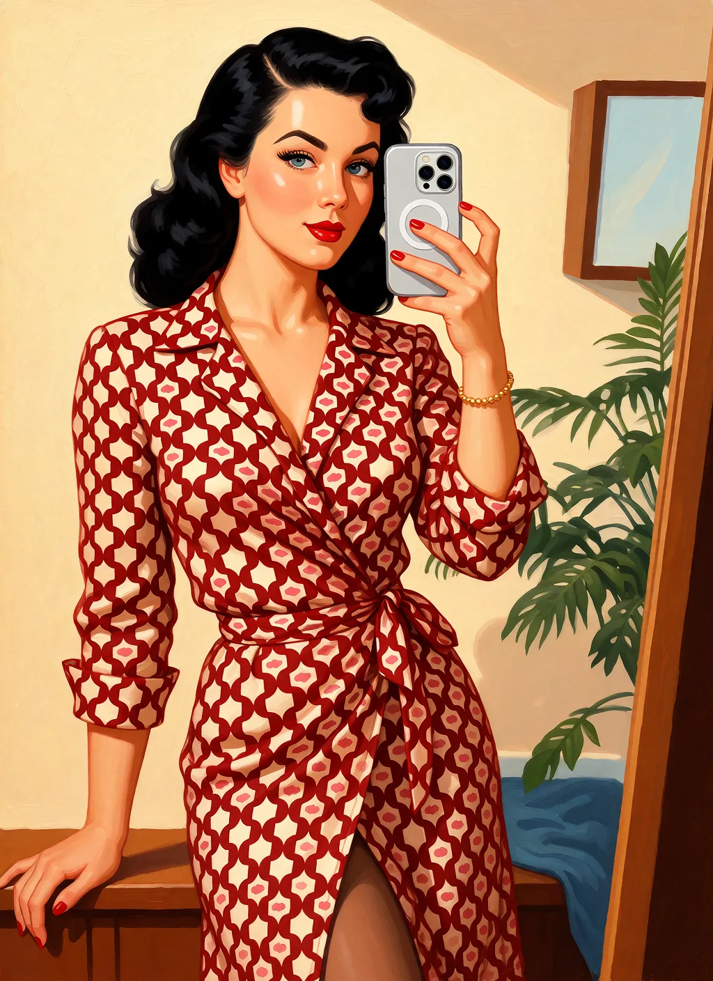 Redraw the entire picture as a retro pin-up illustration: smooth airbrushed gouache paint, warm saturated mid-century colour, clean confident outlines and glamorous stylised features, in the look of a 1950s pin-up poster. The background is painted in the same style. Nothing in the frame keeps its photographic appearance. Above all, the picture must show: Раздень ее полностью.
