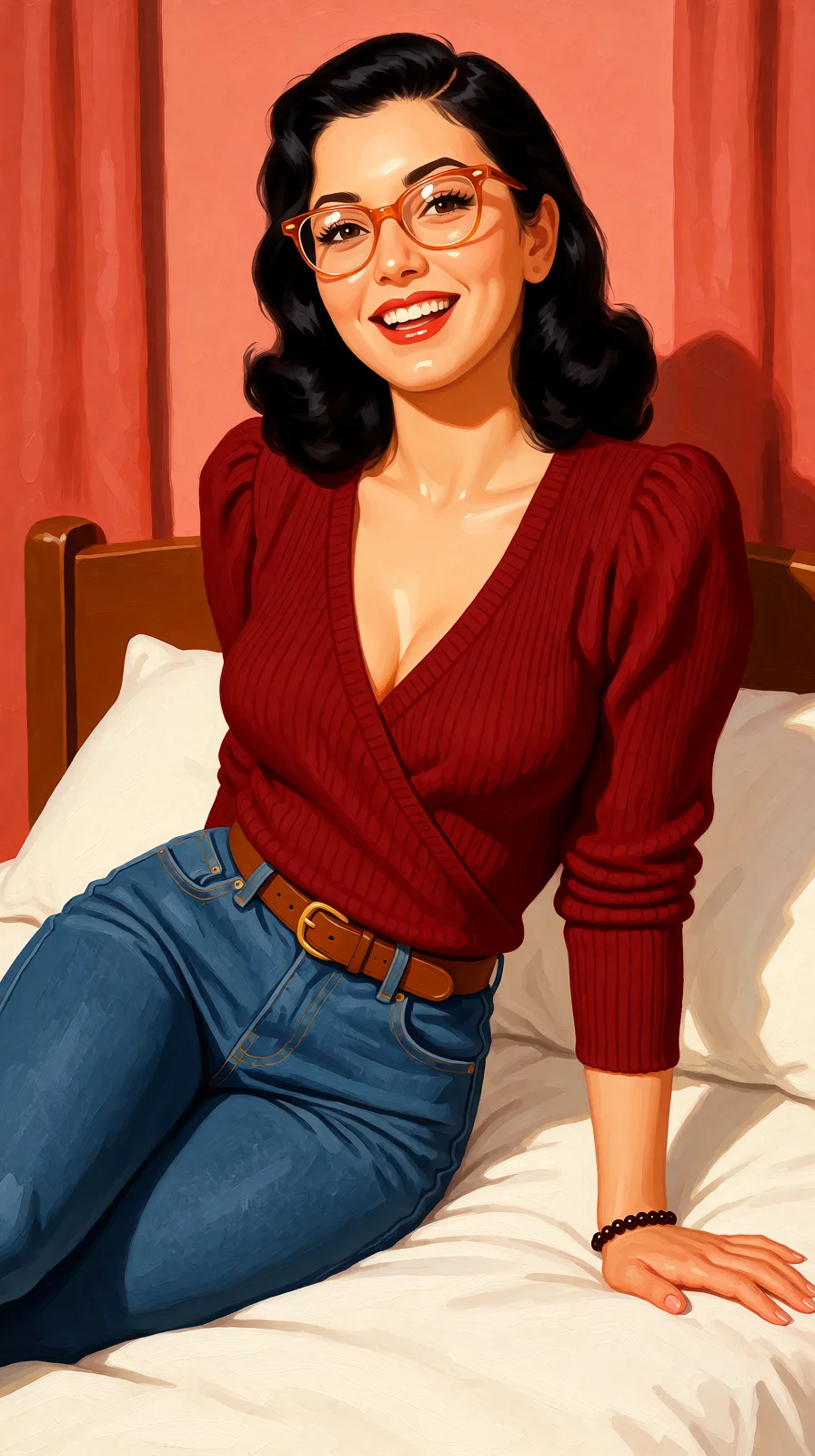 Redraw the entire picture as a retro pin-up illustration: smooth airbrushed gouache paint, warm saturated mid-century colour, clean confident outlines and glamorous stylised features, in the look of a 1950s pin-up poster. The background is painted in the same style. Nothing in the frame keeps its photographic appearance. Above all, the picture must show: Naked, missionary, bed, smile, happy.